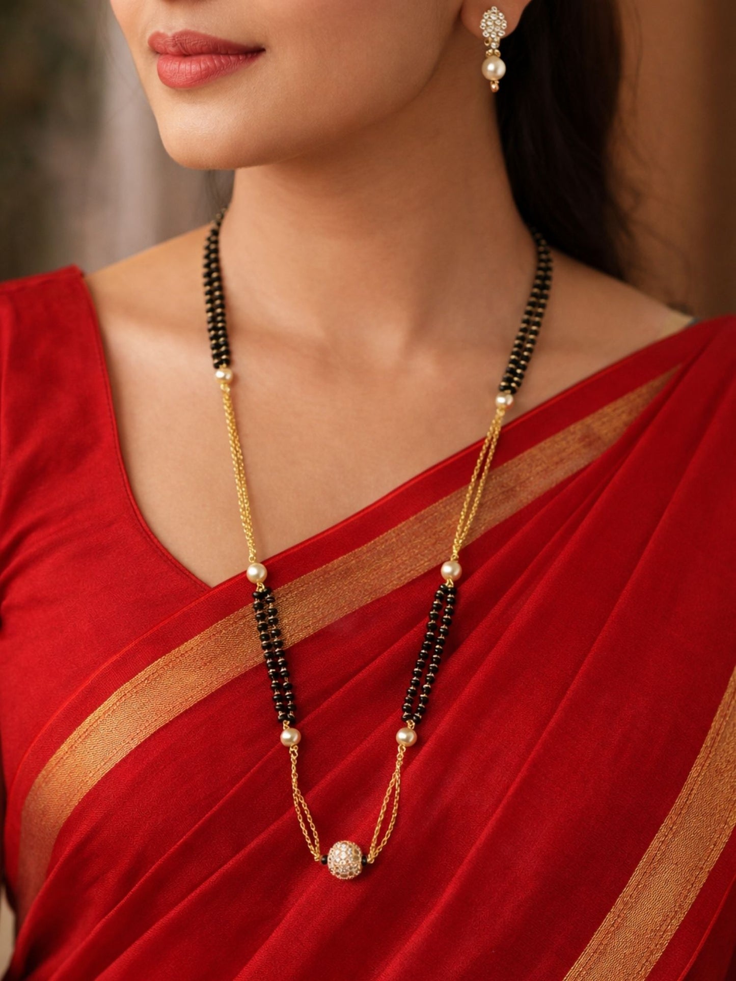 Set of 2 Gold Plated Long & Short Mangalsutra with Earrings