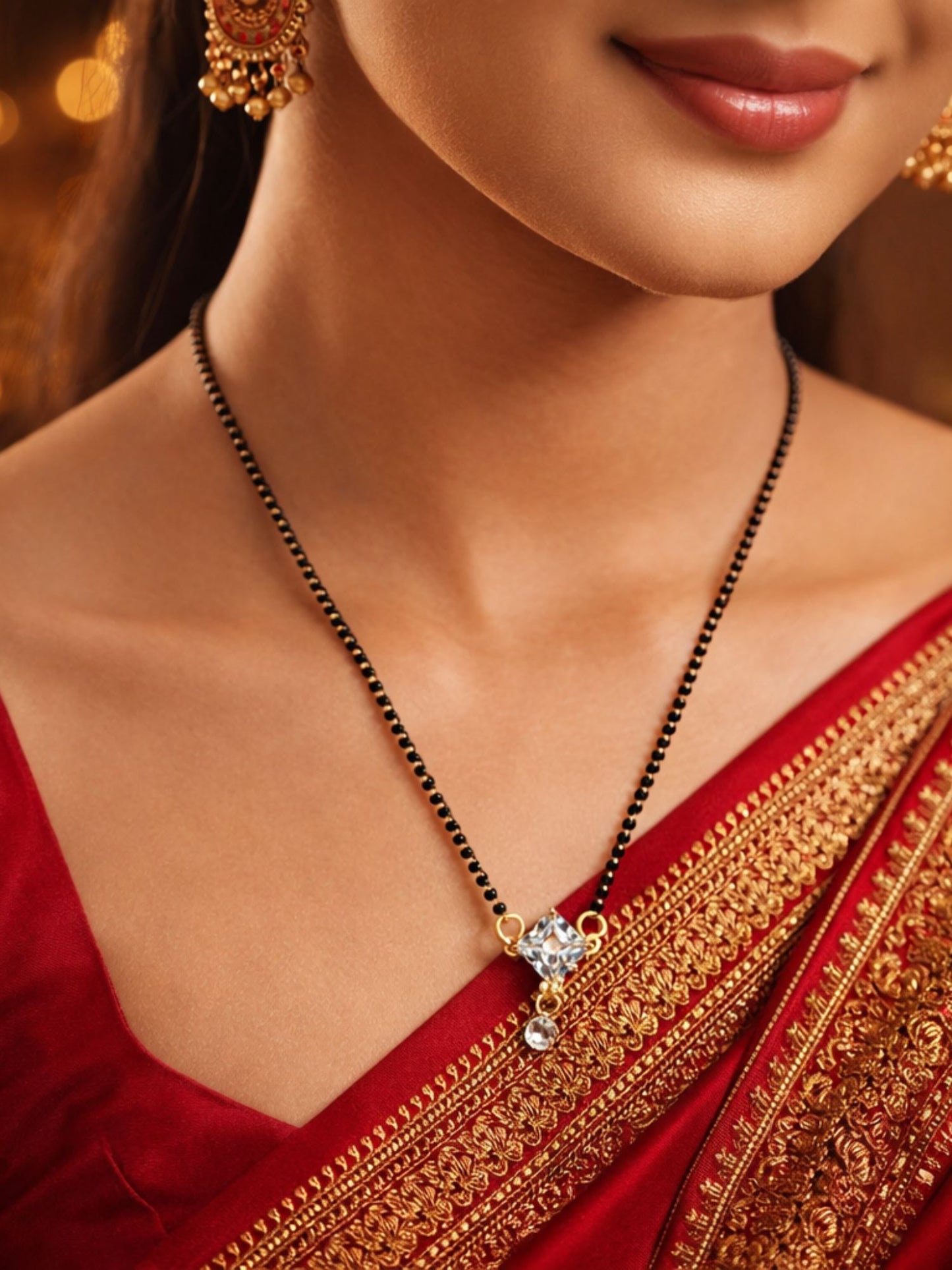 Set of 2 Gold Plated AD Long & Short Mangalsutra with Earrings