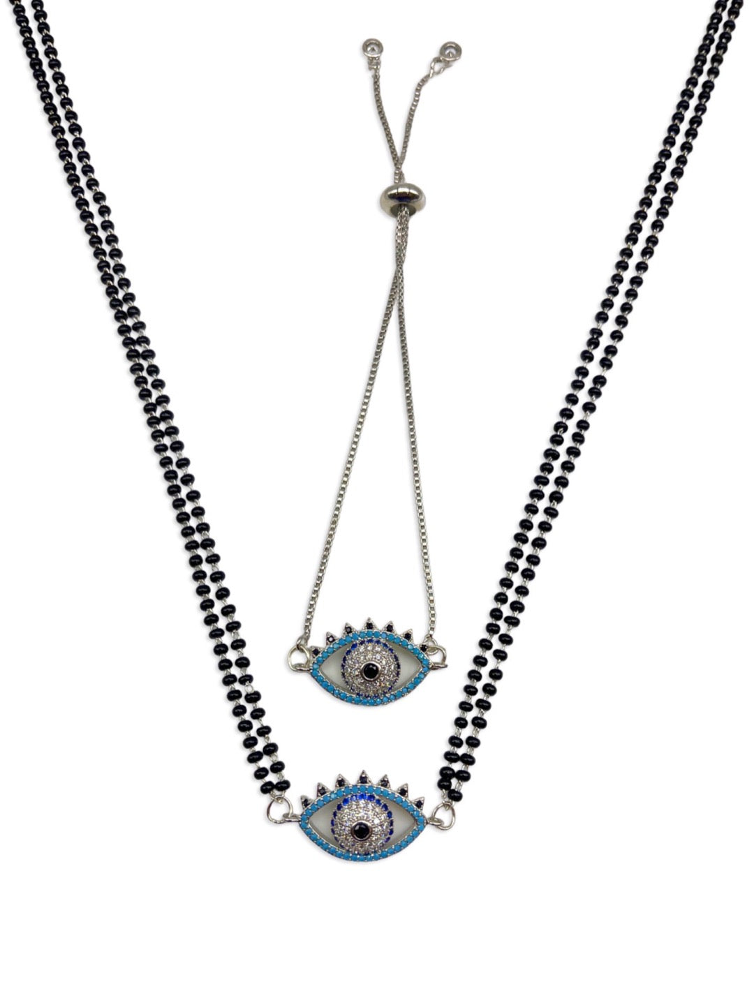 Long Mangalsutra & Bracelet Combo Set of 2 Evil Eye Silver AD Pendent
