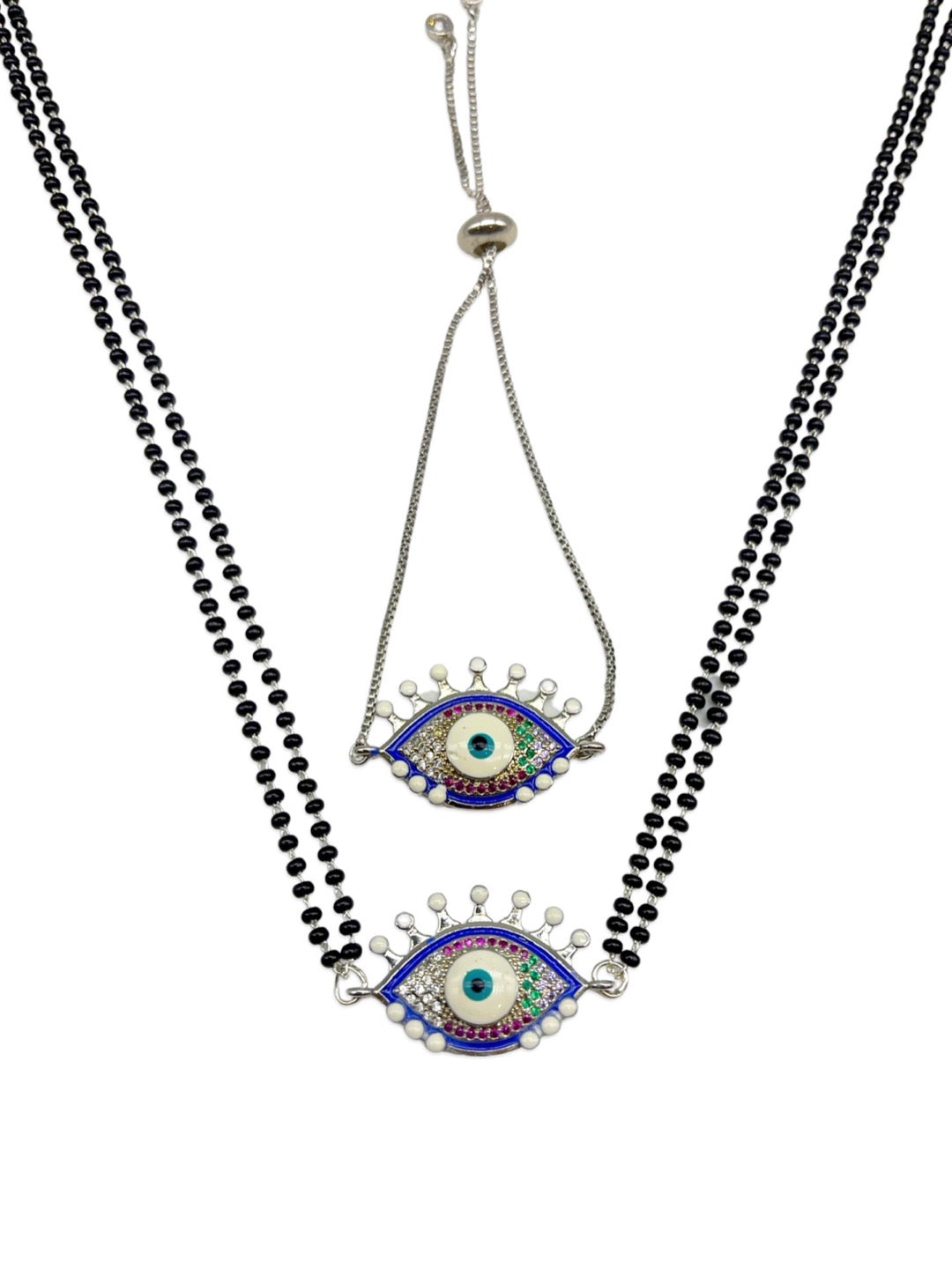 Long Mangalsutra & Bracelet Combo Set of 2 Multi color Evil Eye Silver American Diamond Pendent