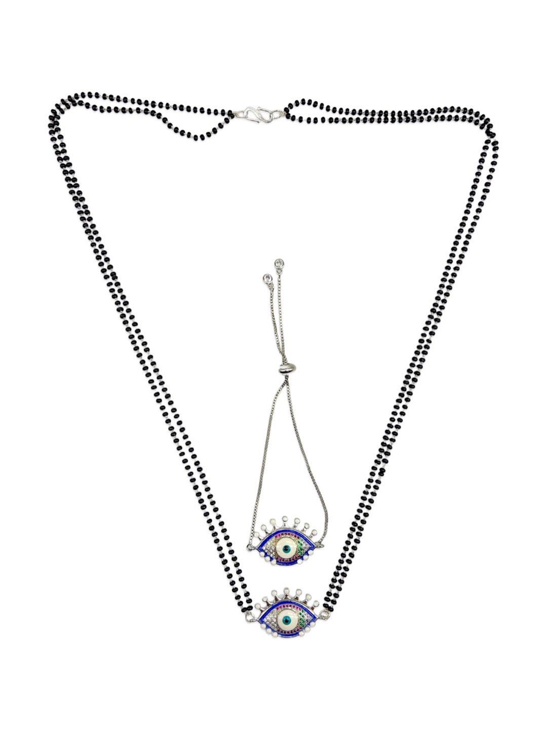 Long Mangalsutra & Bracelet Combo Set of 2 Multi color Evil Eye Silver American Diamond Pendent