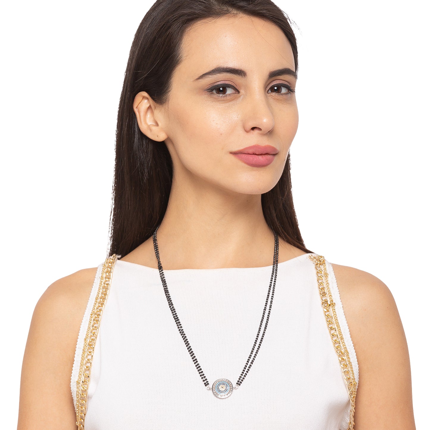 Long Mangalsutra & Bracelet Combo Set of 2 Round Evil Eye Silver American Diamond Pendent