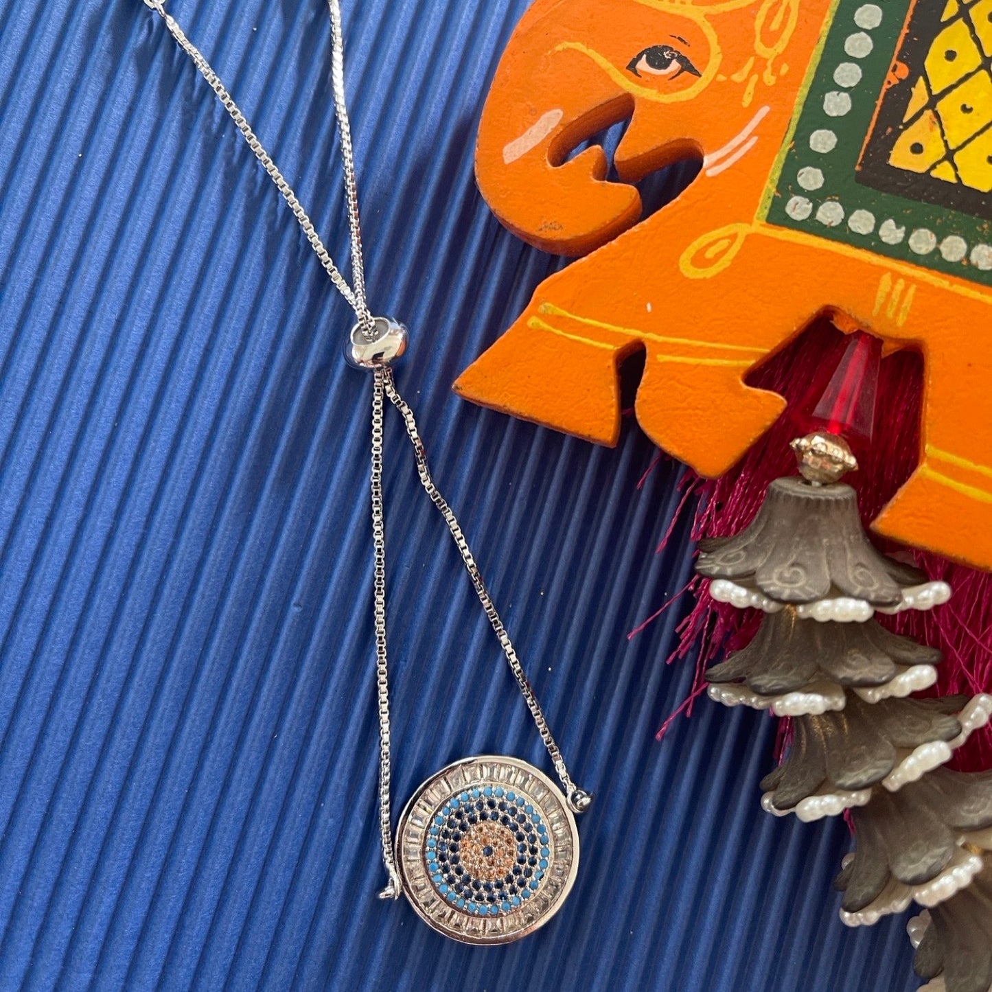 Long Mangalsutra & Bracelet Combo Set of 2 Round Evil Eye Silver American Diamond Pendent