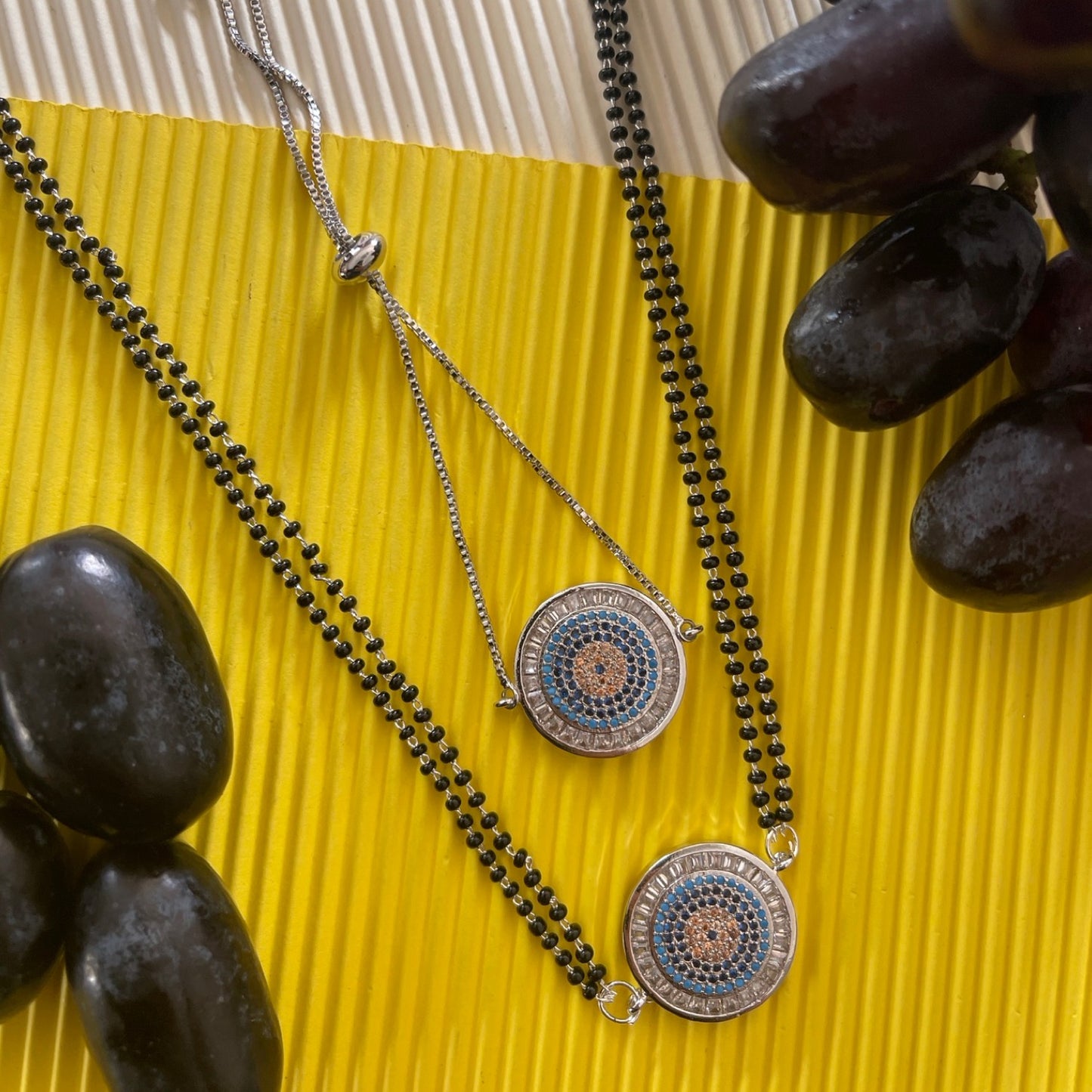 Long Mangalsutra & Bracelet Combo Set of 2 Round Evil Eye Silver American Diamond Pendent