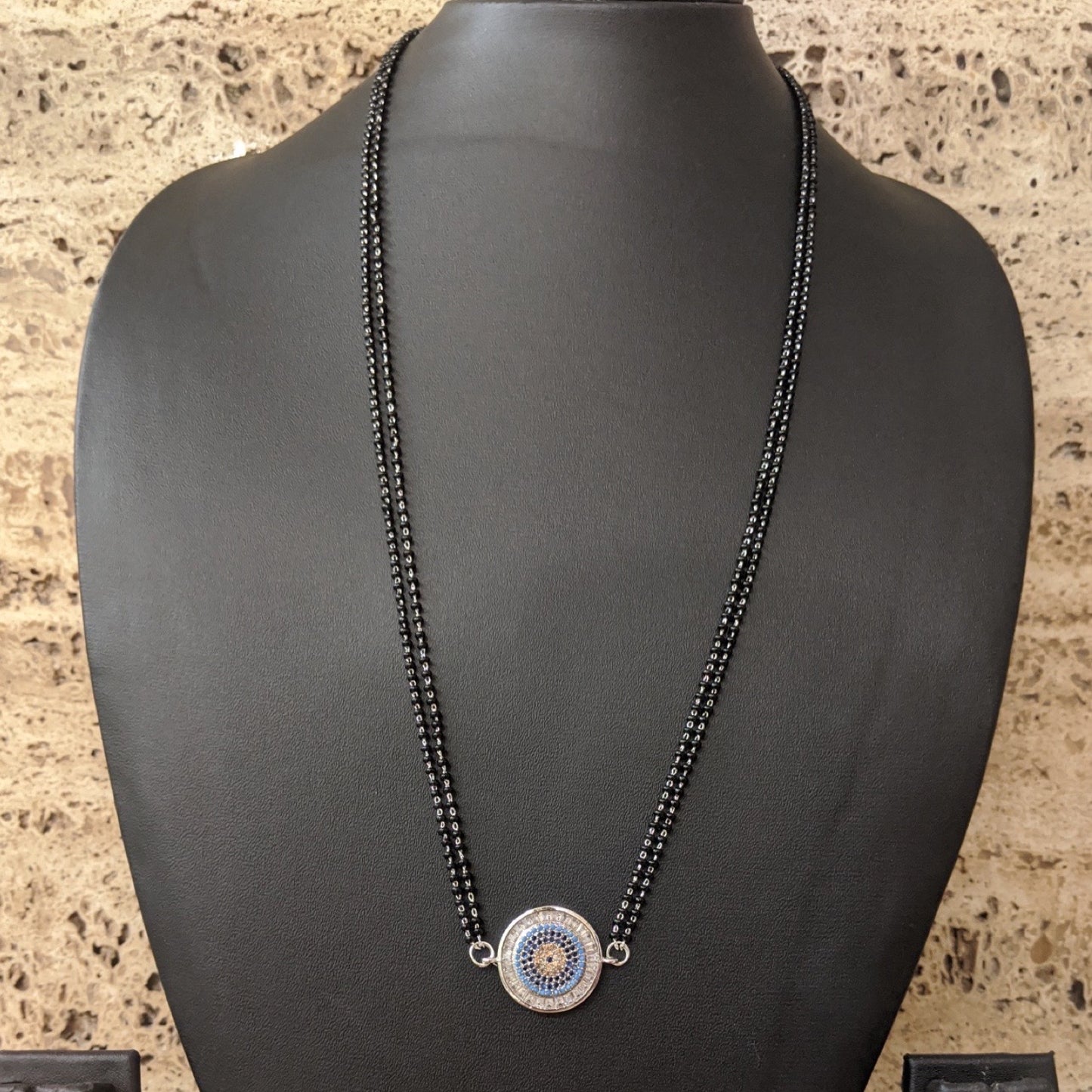 Long Mangalsutra & Bracelet Combo Set of 2 Round Evil Eye Silver American Diamond Pendent
