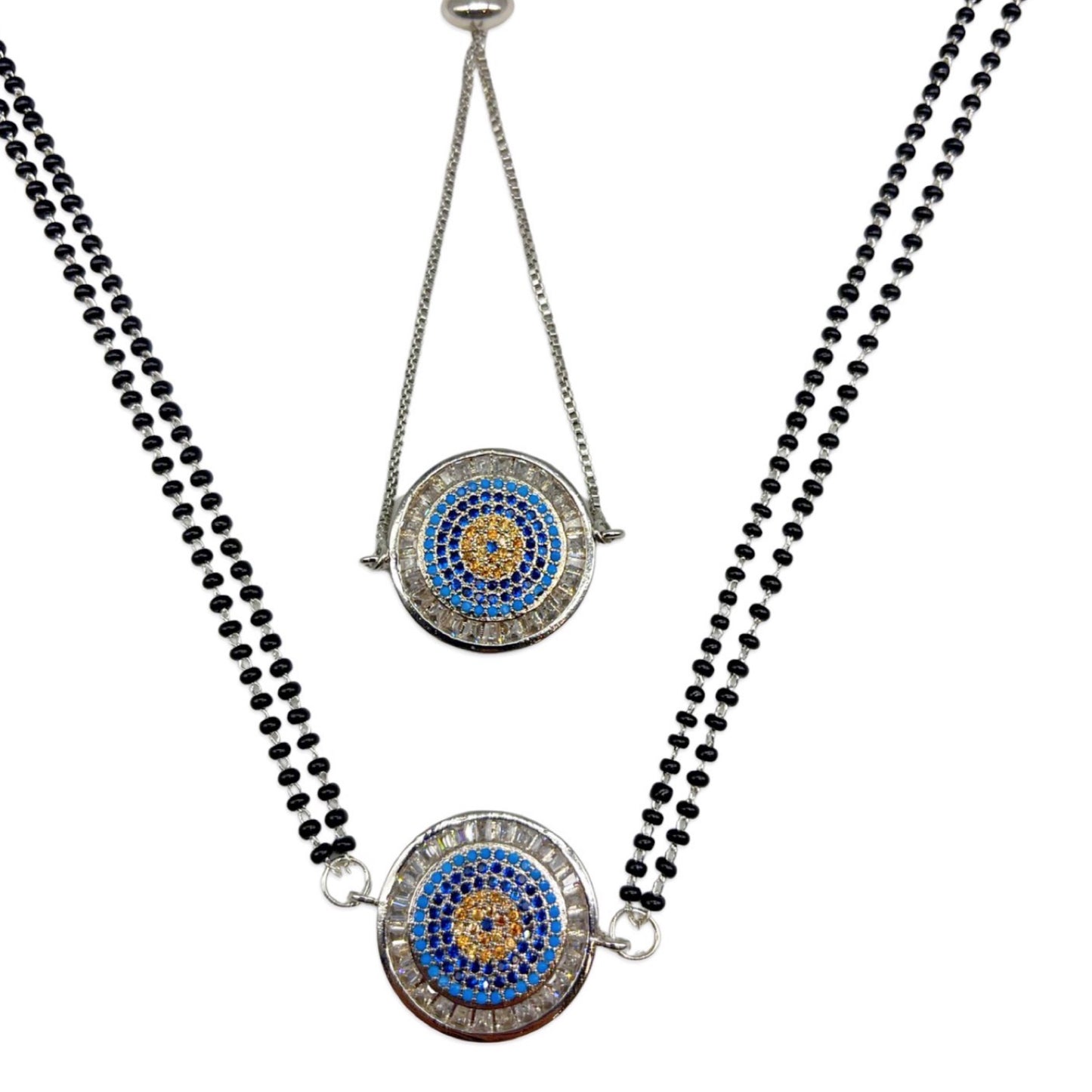 Long Mangalsutra & Bracelet Combo Set of 2 Round Evil Eye Silver American Diamond Pendent