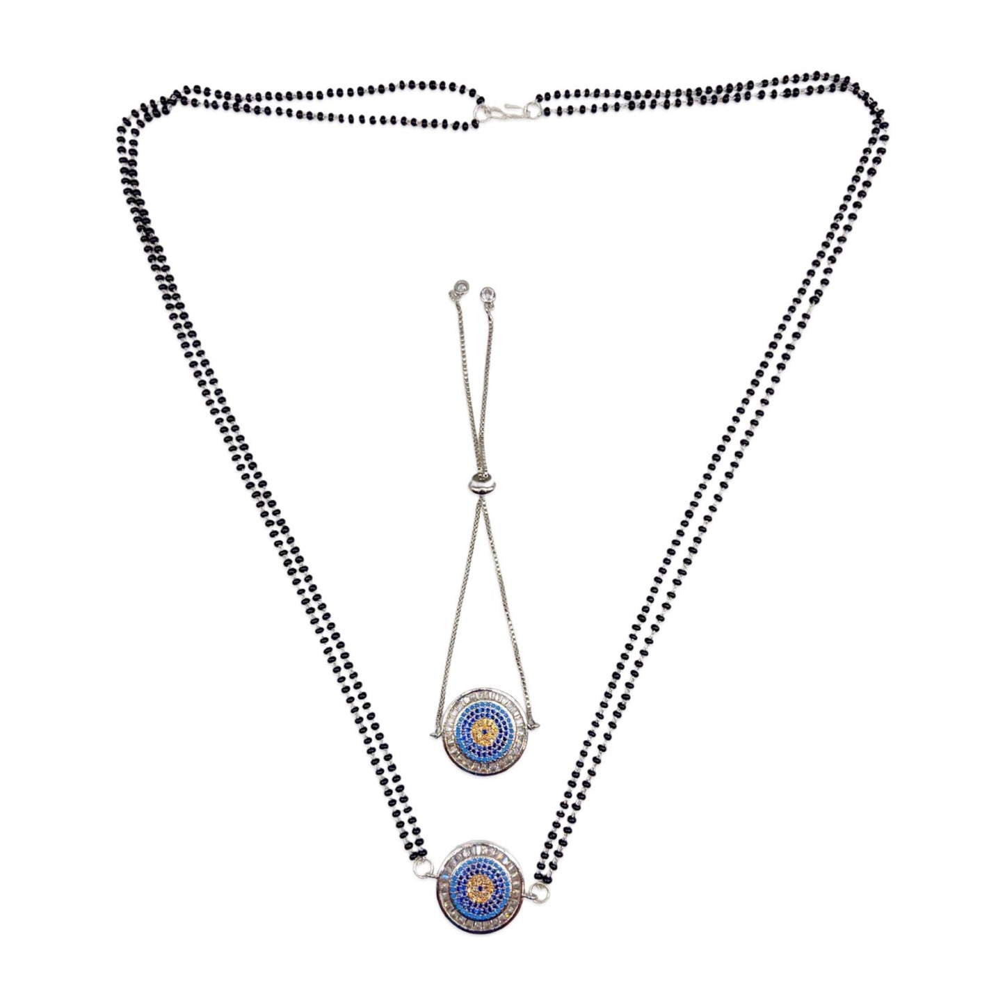 Long Mangalsutra & Bracelet Combo Set of 2 Round Evil Eye Silver American Diamond Pendent