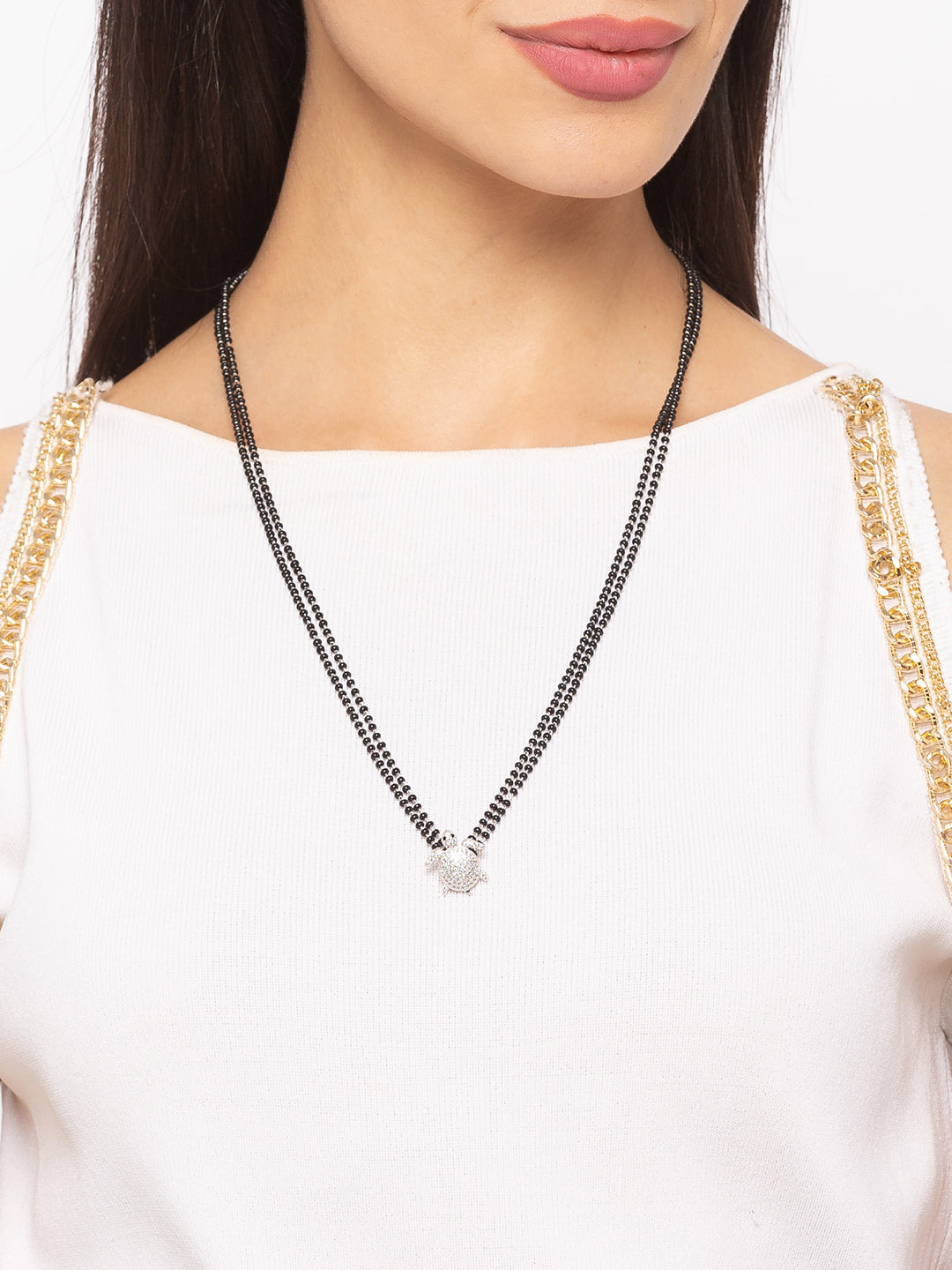 Combo Tortoise Long Silver Mangalsutra and Bracelet American Diamond Pendent