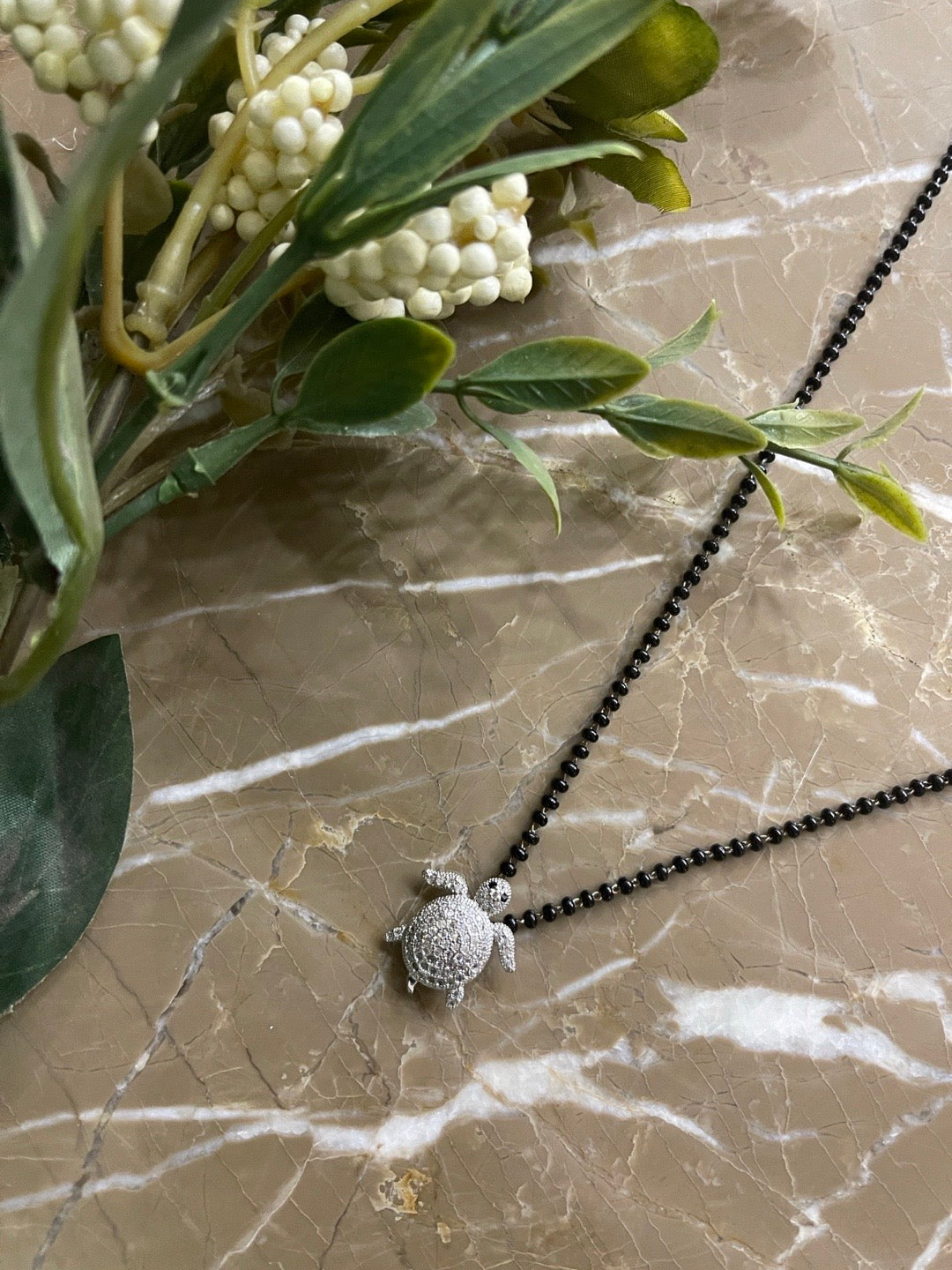 Combo Tortoise Long Silver Mangalsutra and Bracelet American Diamond Pendent