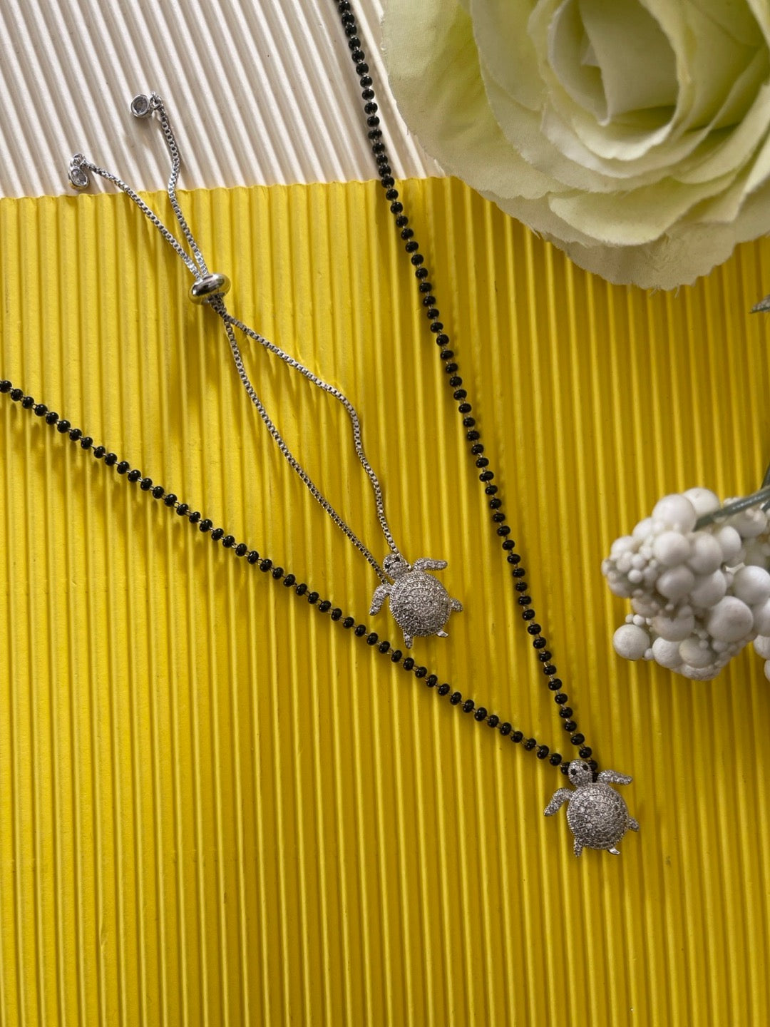 Combo Tortoise Long Silver Mangalsutra and Bracelet American Diamond Pendent