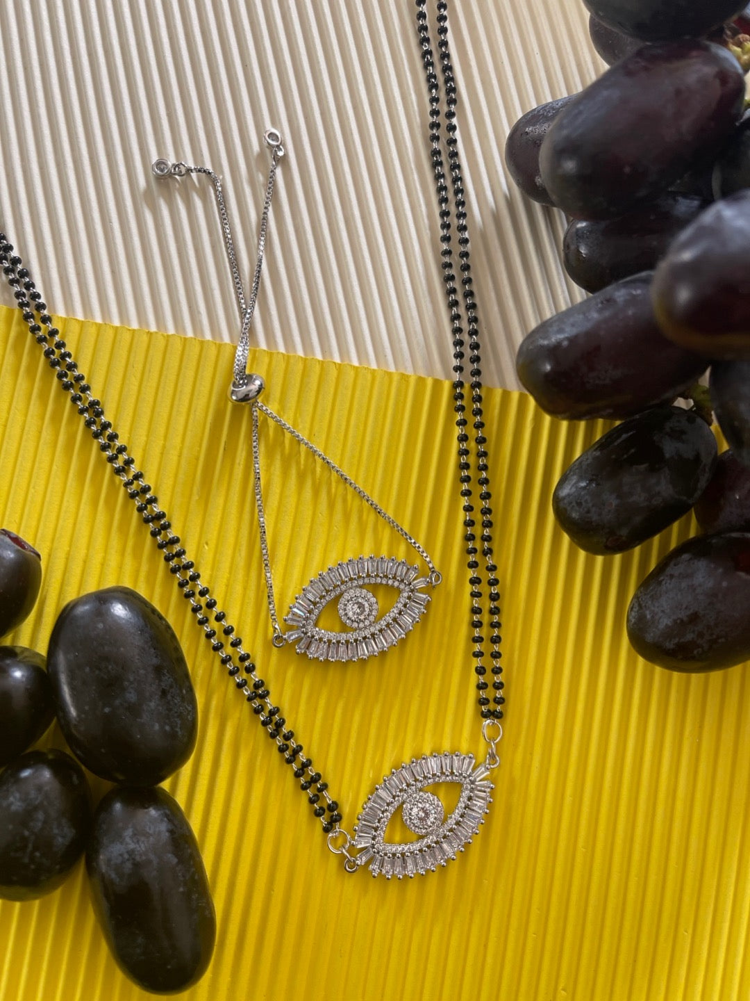 Long Mangalsutra & Bracelet Combo Set of 2 Evil Eye Silver American Diamond Pendent