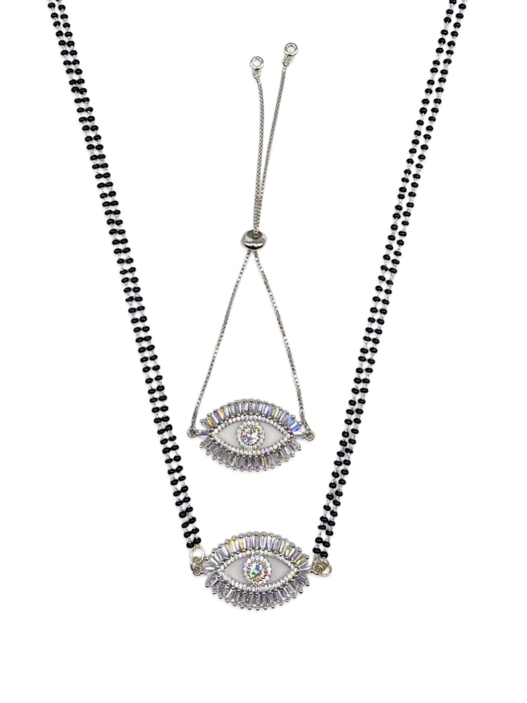 Long Mangalsutra & Bracelet Combo Set of 2 Evil Eye Silver American Diamond Pendent
