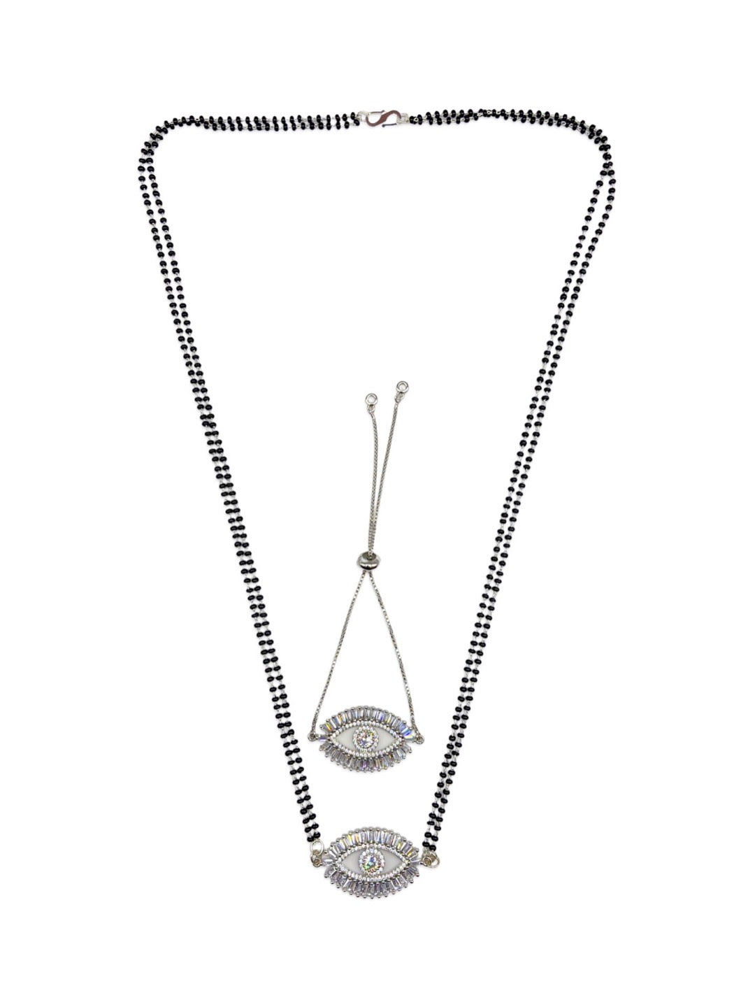 Long Mangalsutra & Bracelet Combo Set of 2 Evil Eye Silver American Diamond Pendent