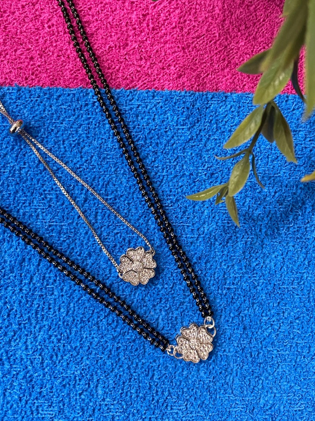 Long Mangalsutra & Bracelet Combo Set of 2 Flower Silver American Diamond Pendent