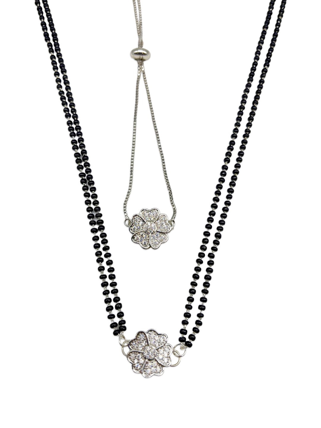 Long Mangalsutra & Bracelet Combo Set of 2 Flower Silver American Diamond Pendent