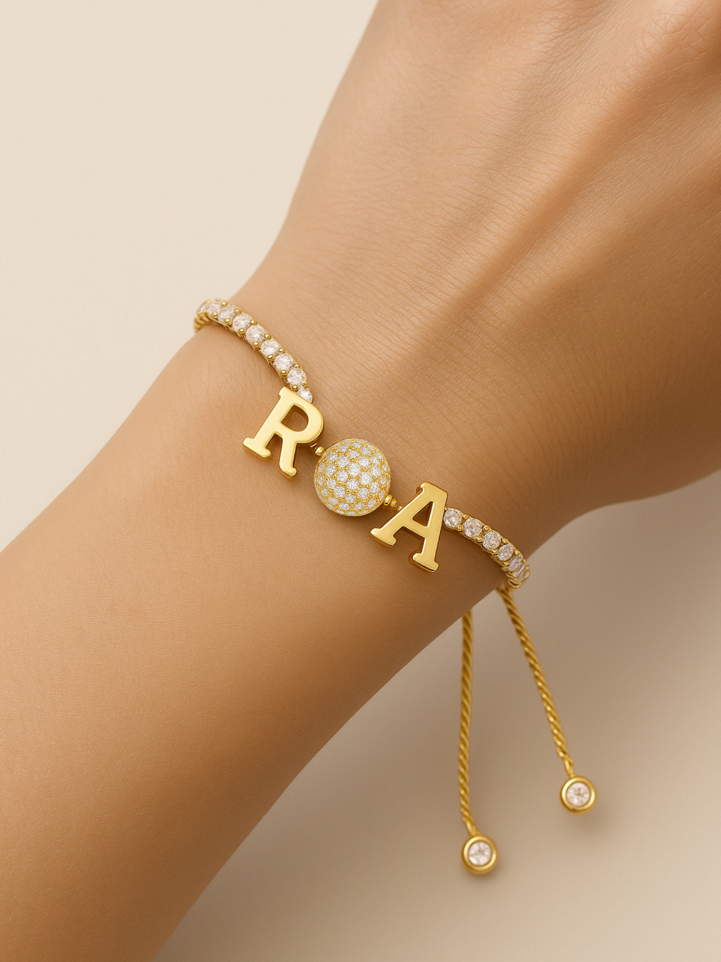 Custom 2 Name Initial Alphabet With AD Ball Gold Plated Bracelets