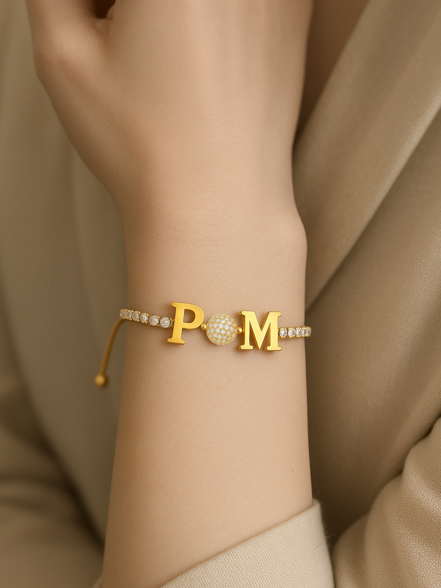Custom 2 Name Initial Alphabet With AD Ball Gold Plated Bracelets
