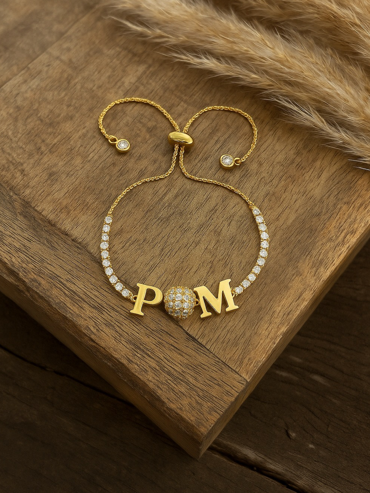 Custom 2 Name Initial Alphabet With AD Ball Gold Plated Bracelets