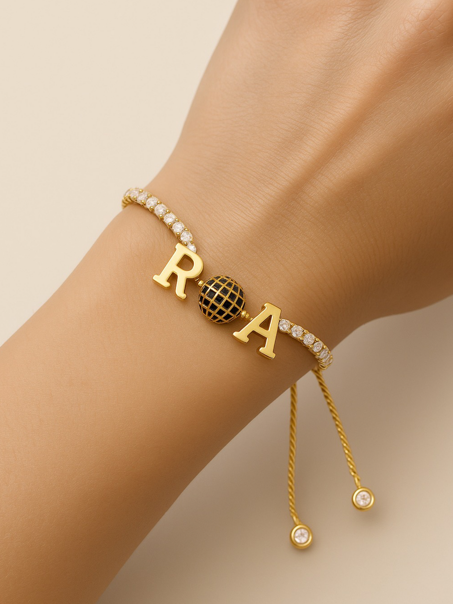 Custom 2 Name Initial Alphabet With AD Ball Gold Plated Bracelets