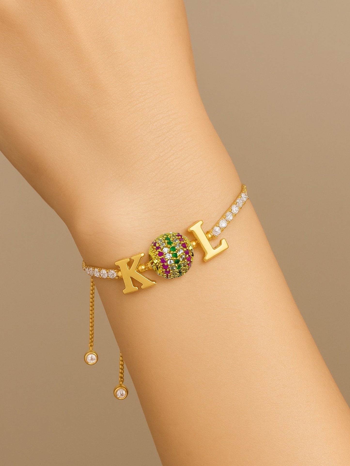 Custom 2 Name Initial Alphabet With AD Ball Gold Plated Bracelets
