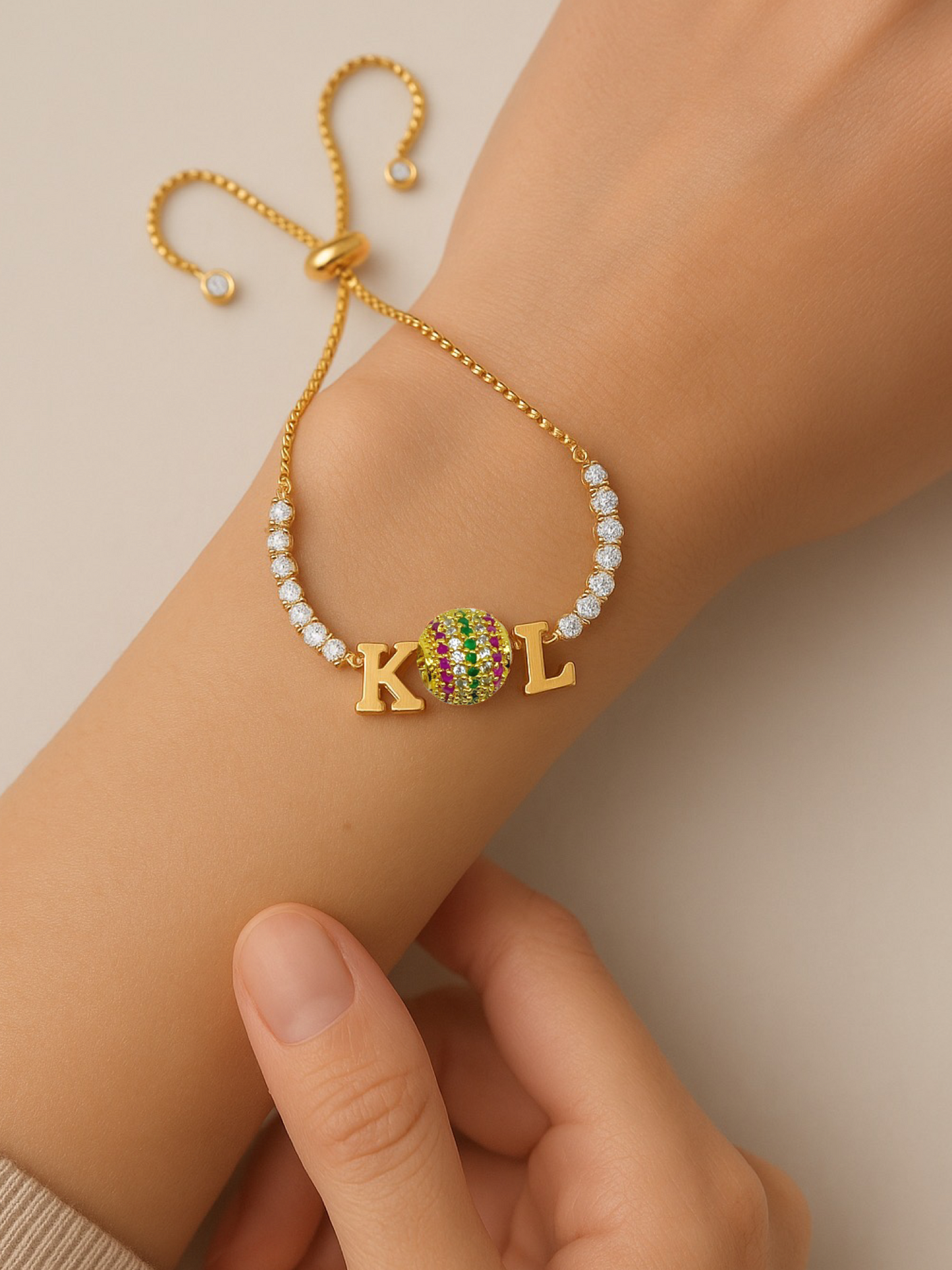 Custom 2 Name Initial Alphabet With AD Ball Gold Plated Bracelets