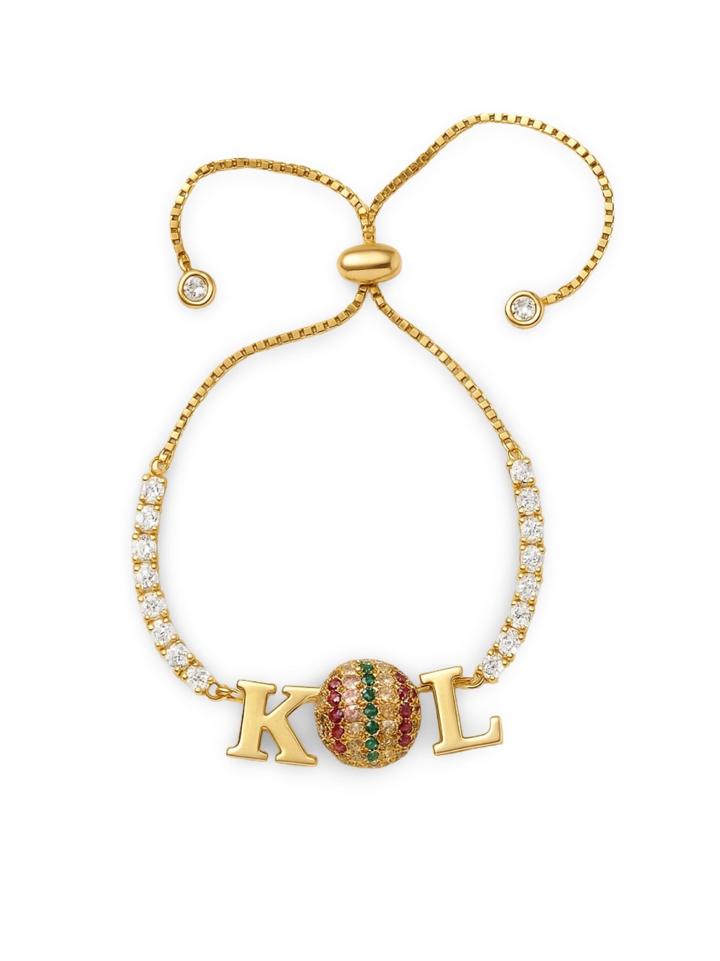 Custom 2 Name Initial Alphabet With AD Ball Gold Plated Bracelets