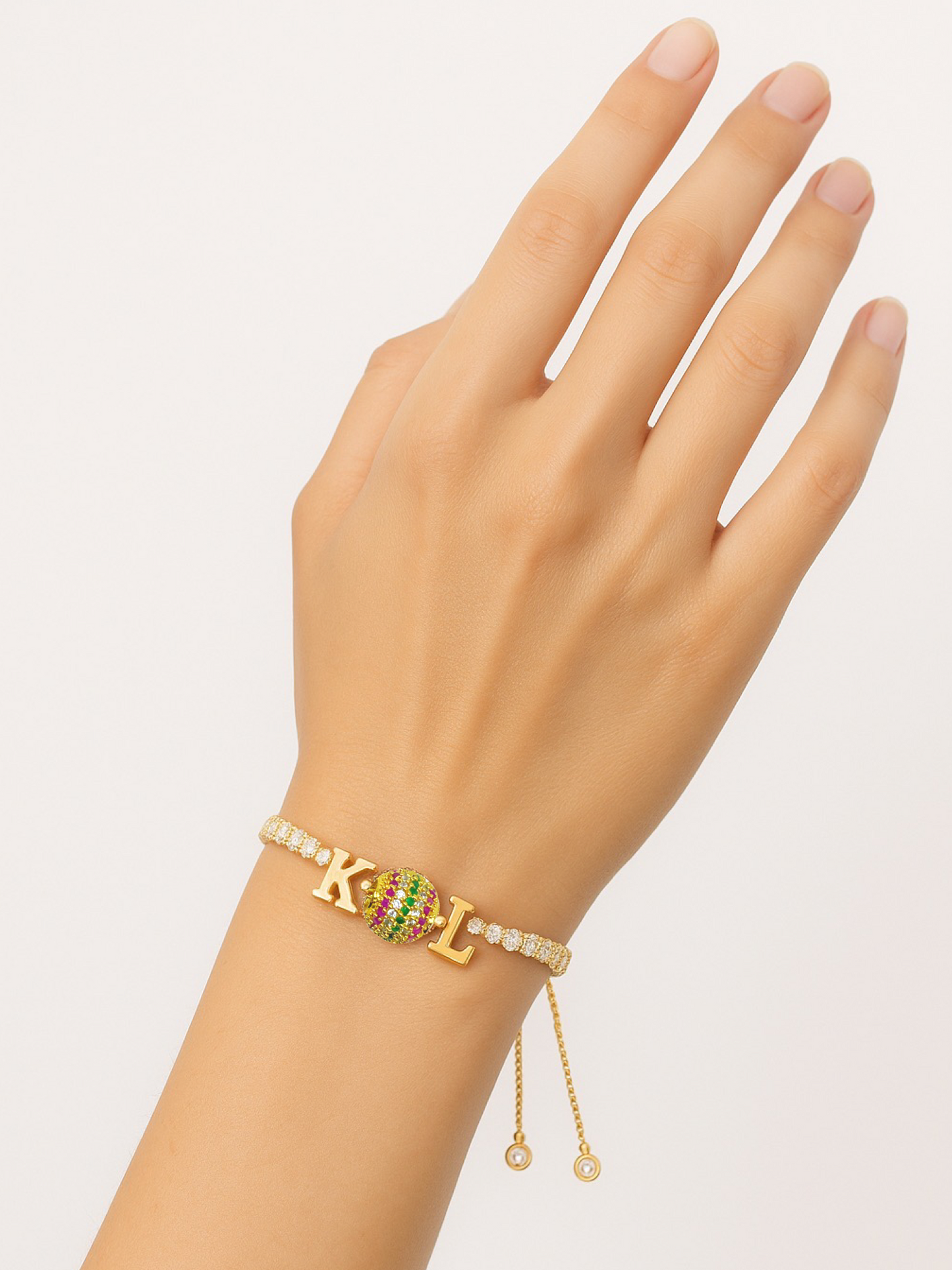 Custom 2 Name Initial Alphabet With AD Ball Gold Plated Bracelets
