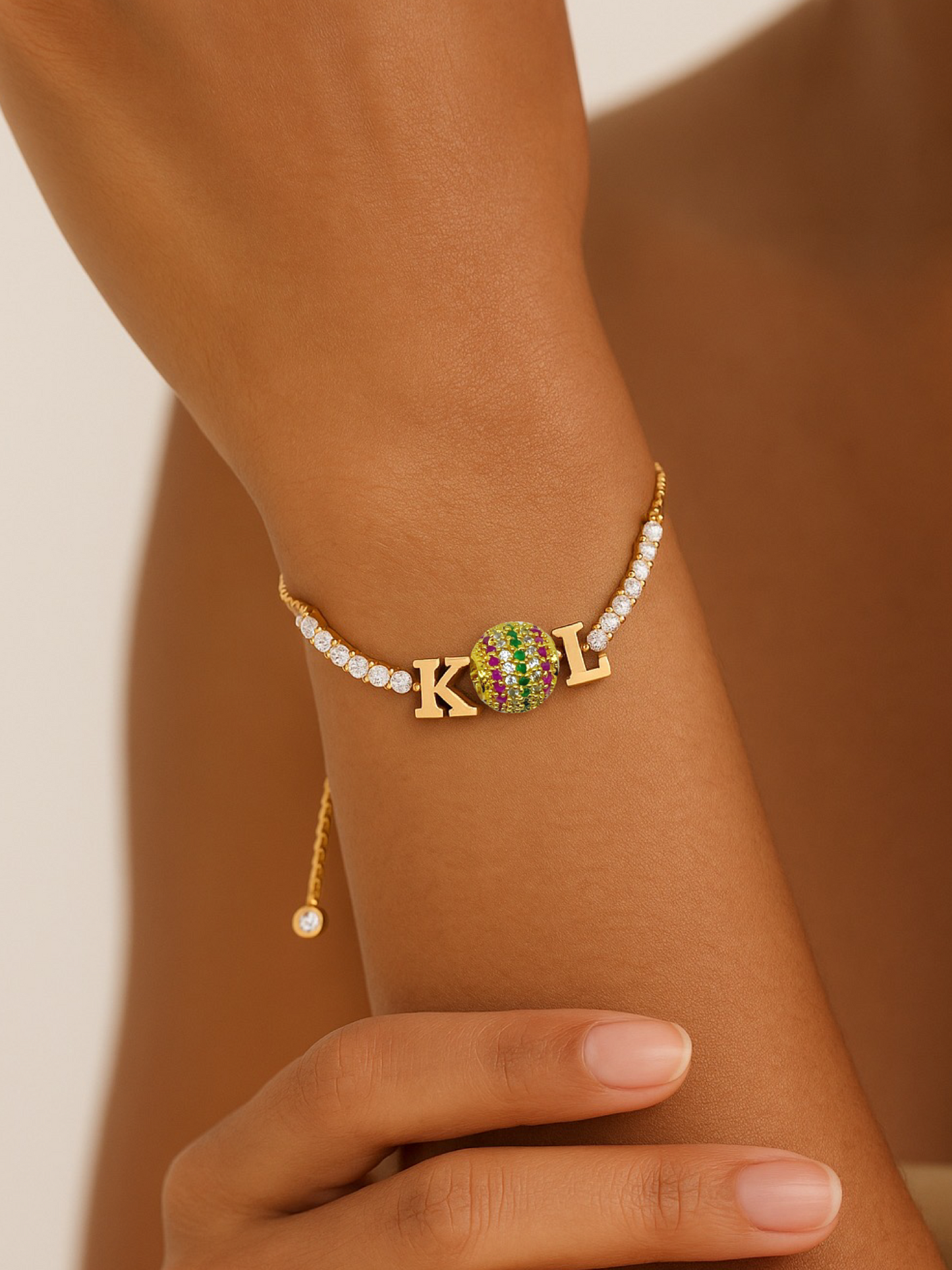 Custom 2 Name Initial Alphabet With AD Ball Gold Plated Bracelets
