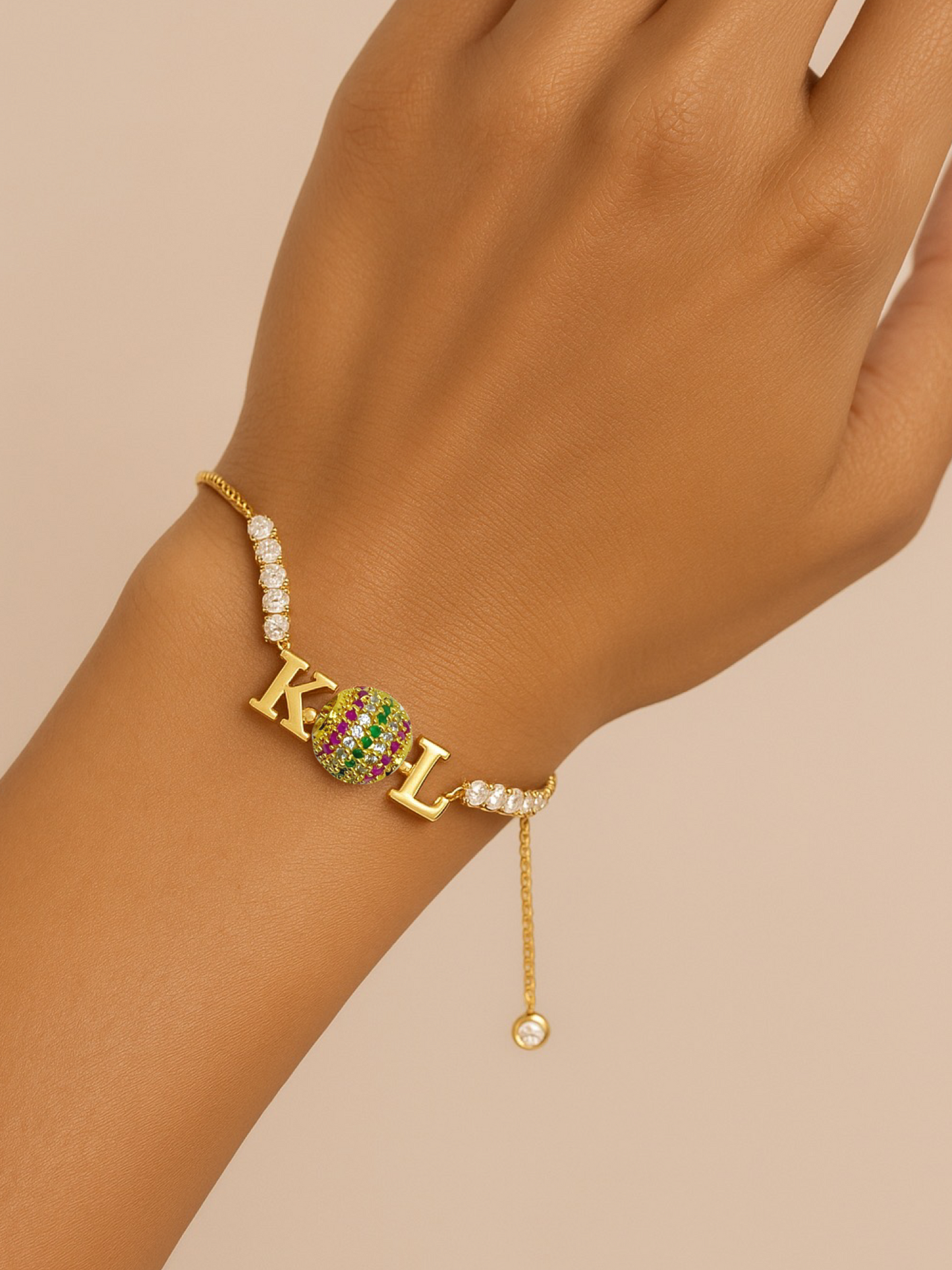 Custom 2 Name Initial Alphabet With AD Ball Gold Plated Bracelets