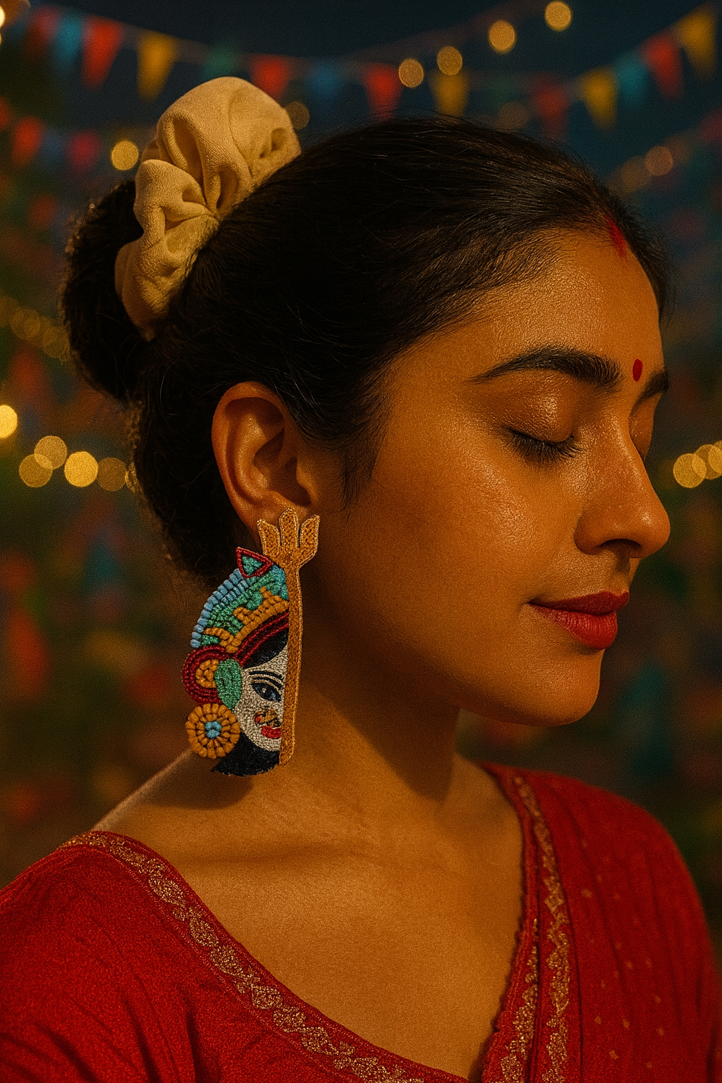 Colourful Beaded Durga Maa Puja Half Face Design Stud Earring Jewelry For Women