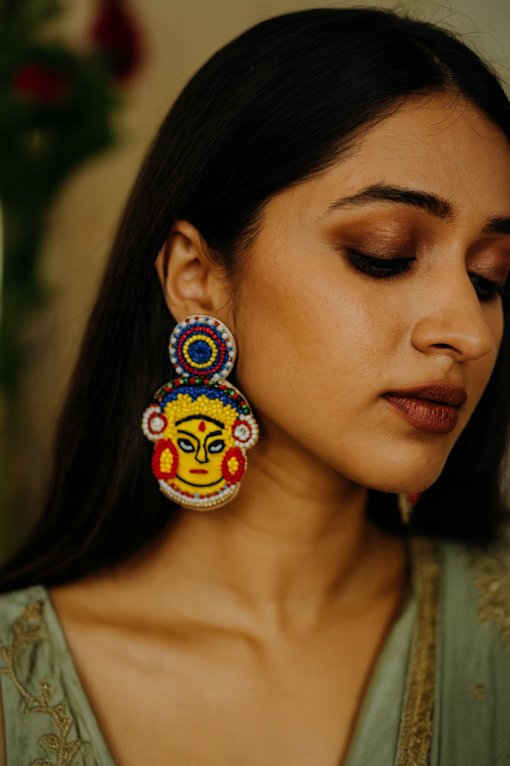 Colourful Beaded Bengali Maa Durga Puja Design Stud Earring Jewellery For Women