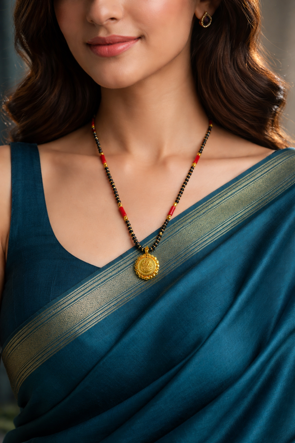 Short Mangalsutra Designs Gold Plated Latest Lakshmi (Laxmi) Coin Pendant Single Layer Mangalsutra
