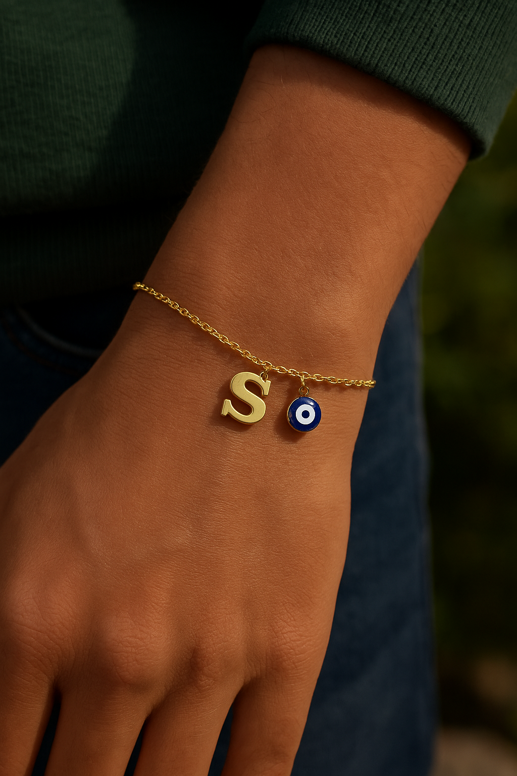 Name Initial Letter Bracelet Rakhi With Blue Evil Eye Charm