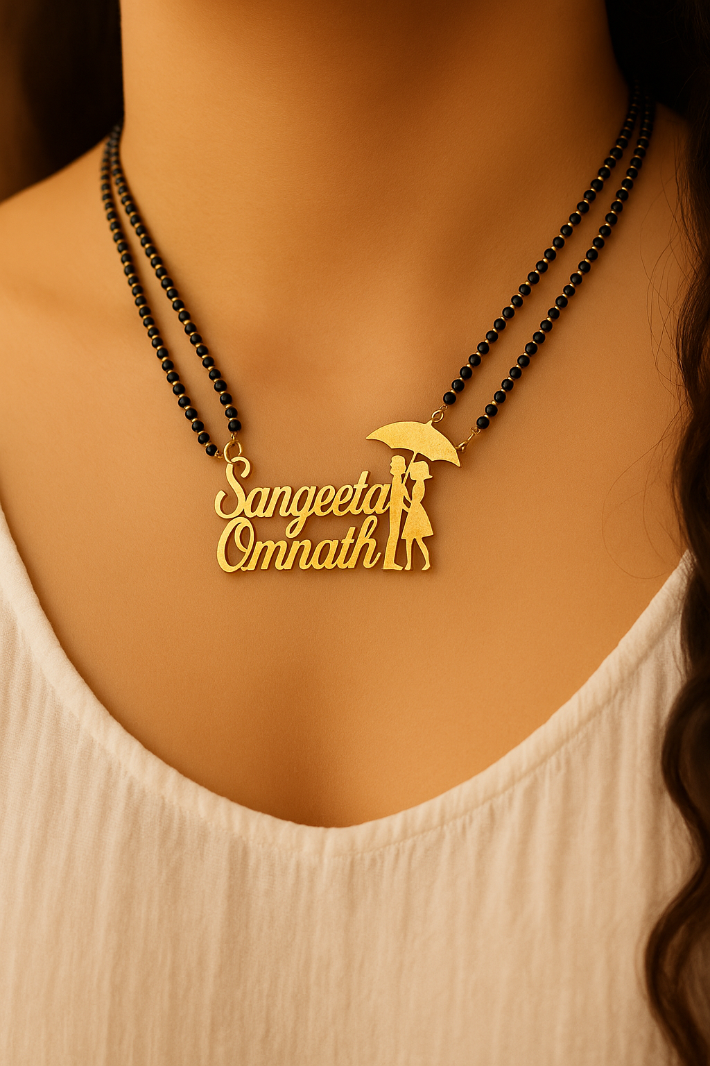 Cursive 2 Personalized Umbrella Couple Names Necklace Double Line Short Mangalsutra
