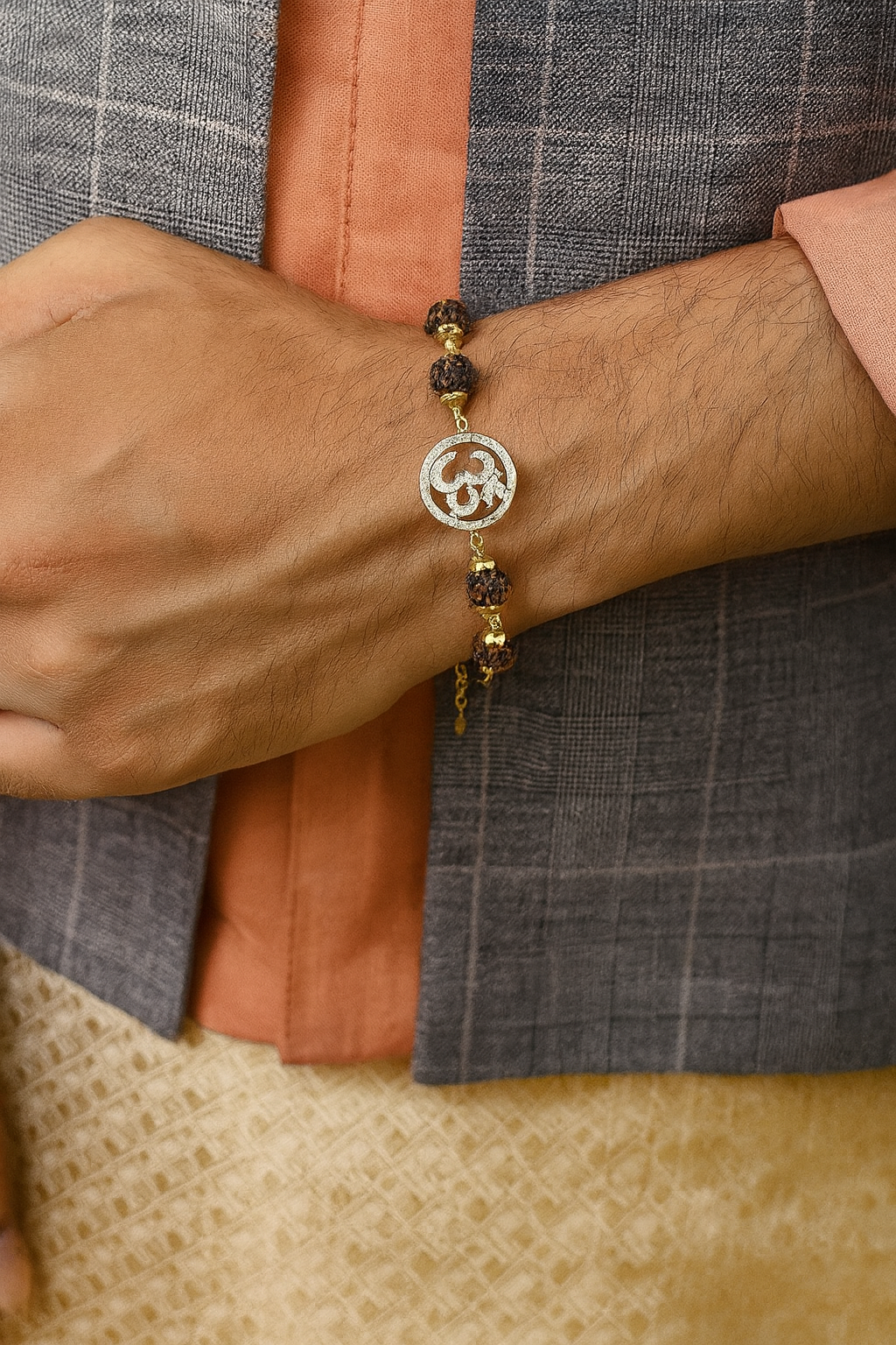 Gold AD Round OM Pendant Mens Rudraksha Bracelet