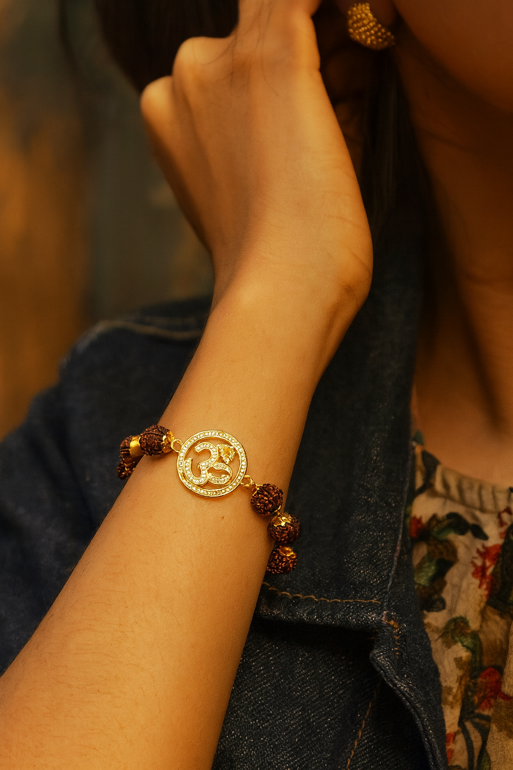Gold AD Round OM Pendant Mens Rudraksha Bracelet