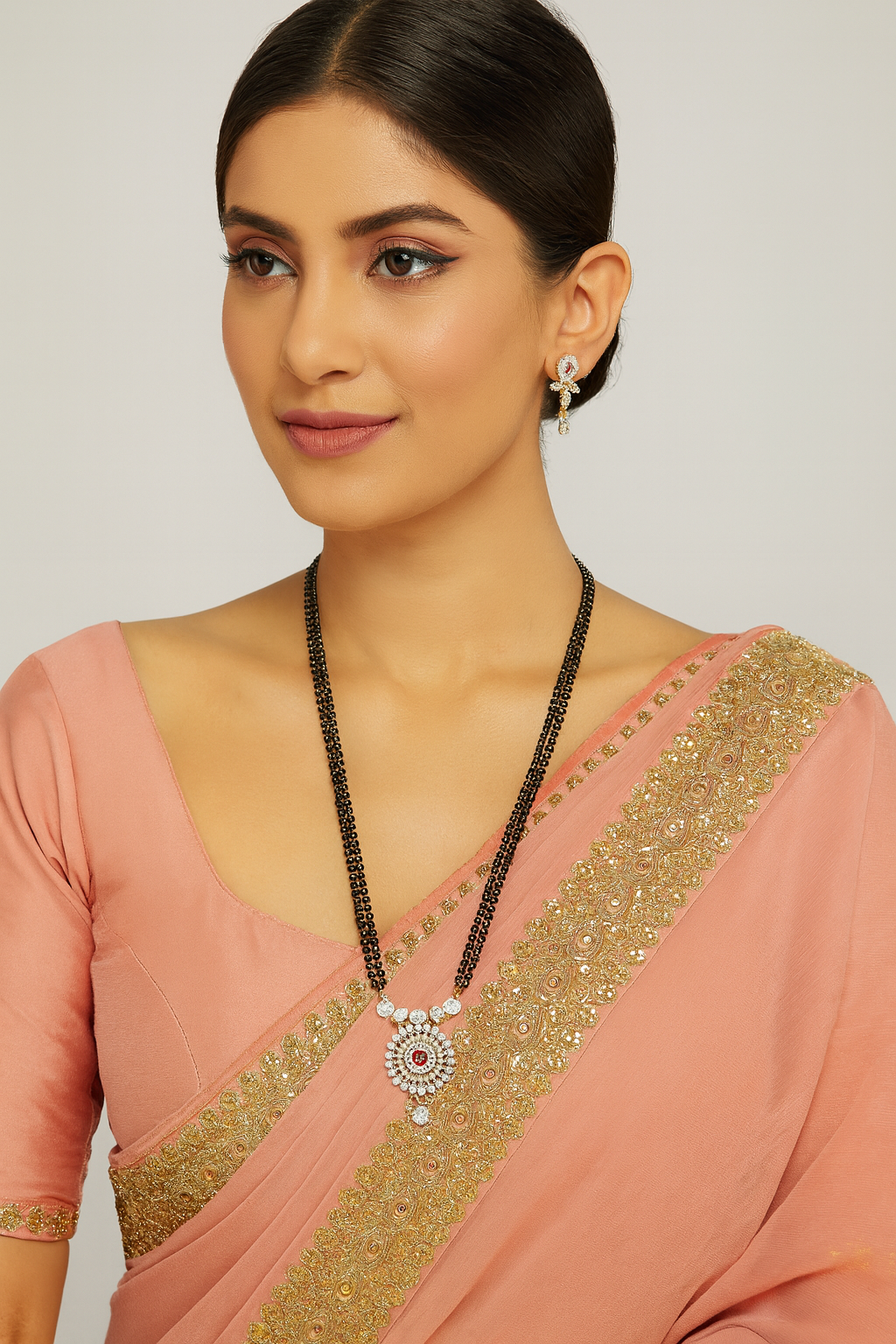 Long Mangalsutra Designs Gold Plated Latest American Diamond Floral Pendant 24 Inches Mangalsutra & Earrings
