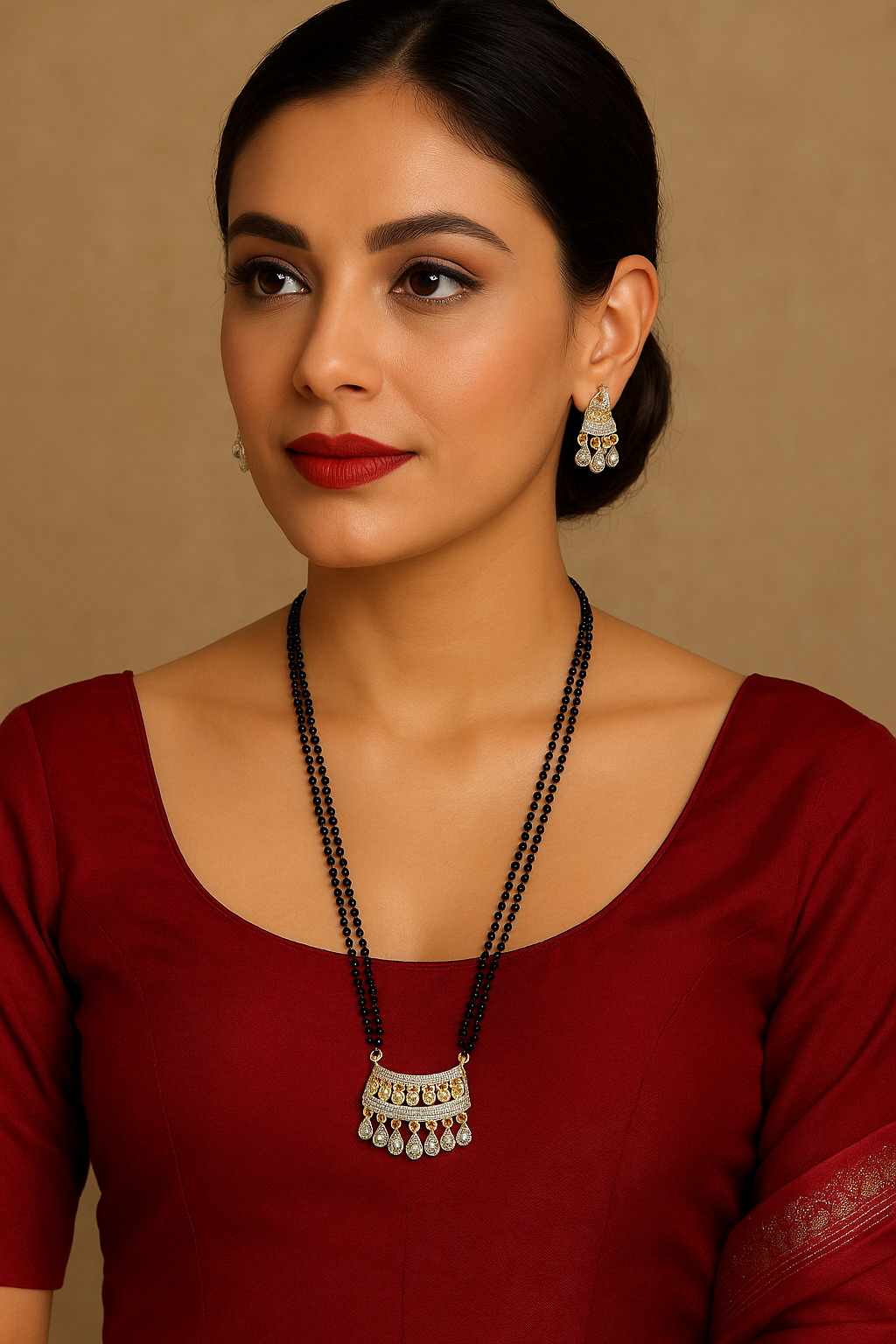 Long Mangalsutra Designs Gold Plated Latest American Diamond Pendant 27 Inches Mangalsutra Set