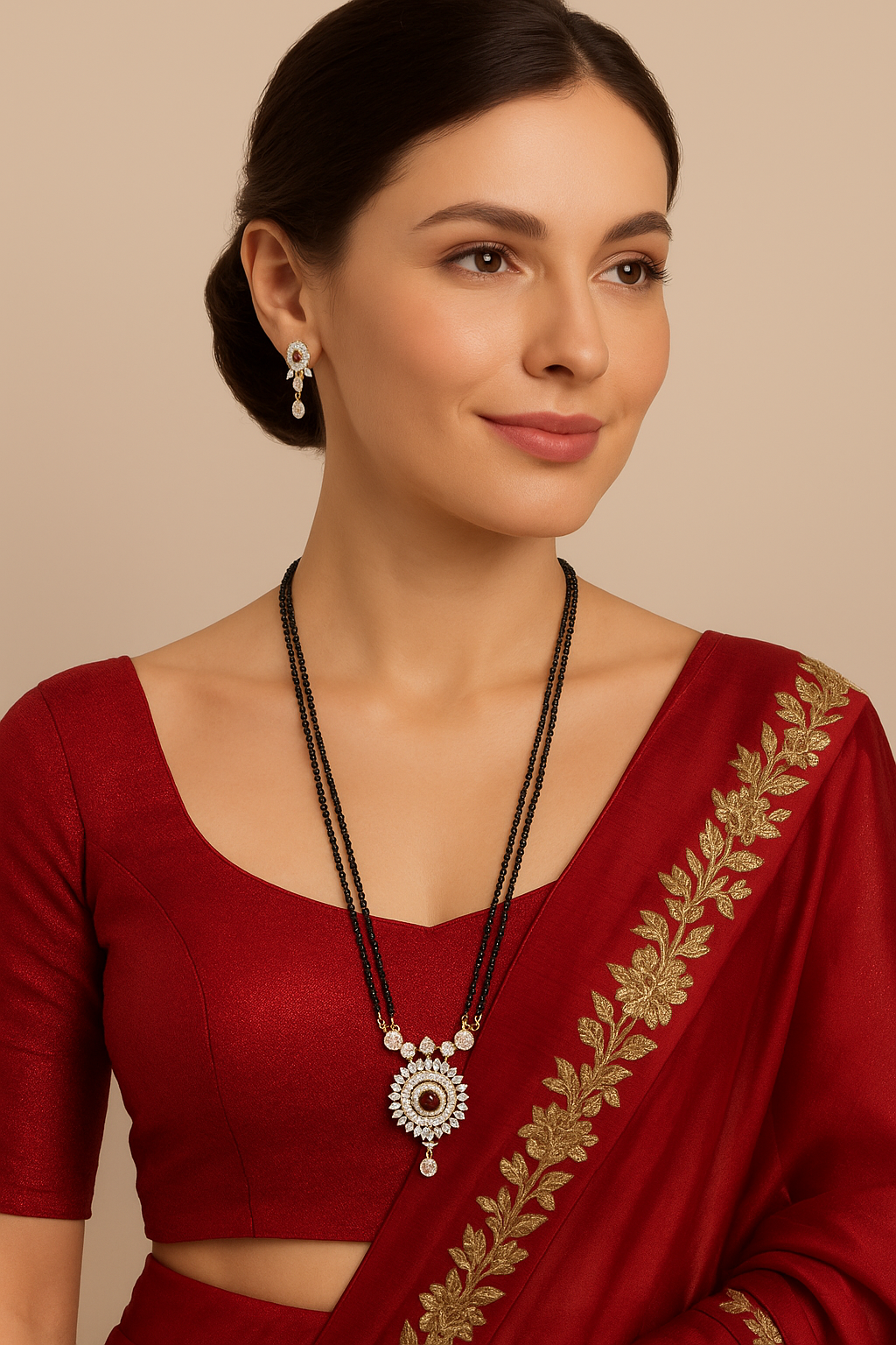 Long Mangalsutra Designs Gold Plated Latest American Diamond Floral Pendant 24 Inches Mangalsutra & Earrings