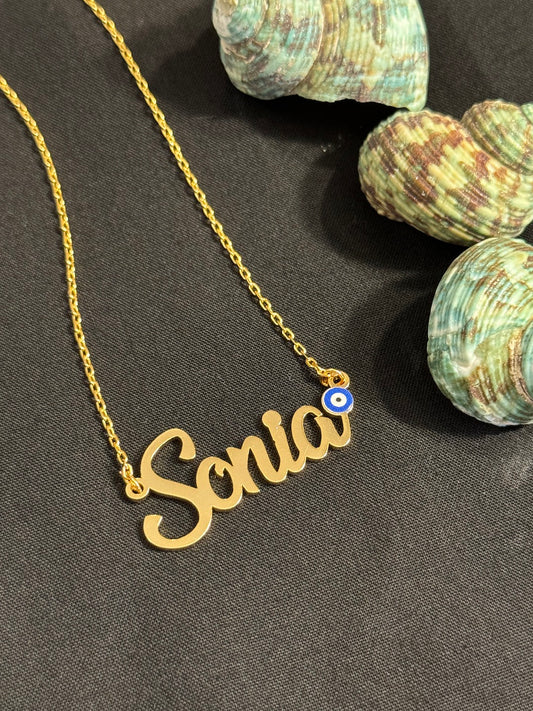 24k Gold Plated Enamel Custom Name Necklace with Evil Eye