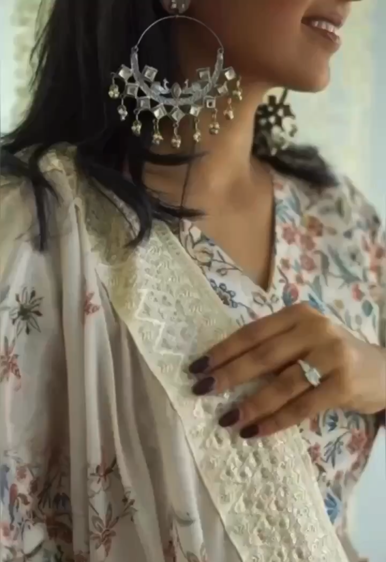 German Oxidized Silver Kundan Peacock Chand Bali Hoop Earring