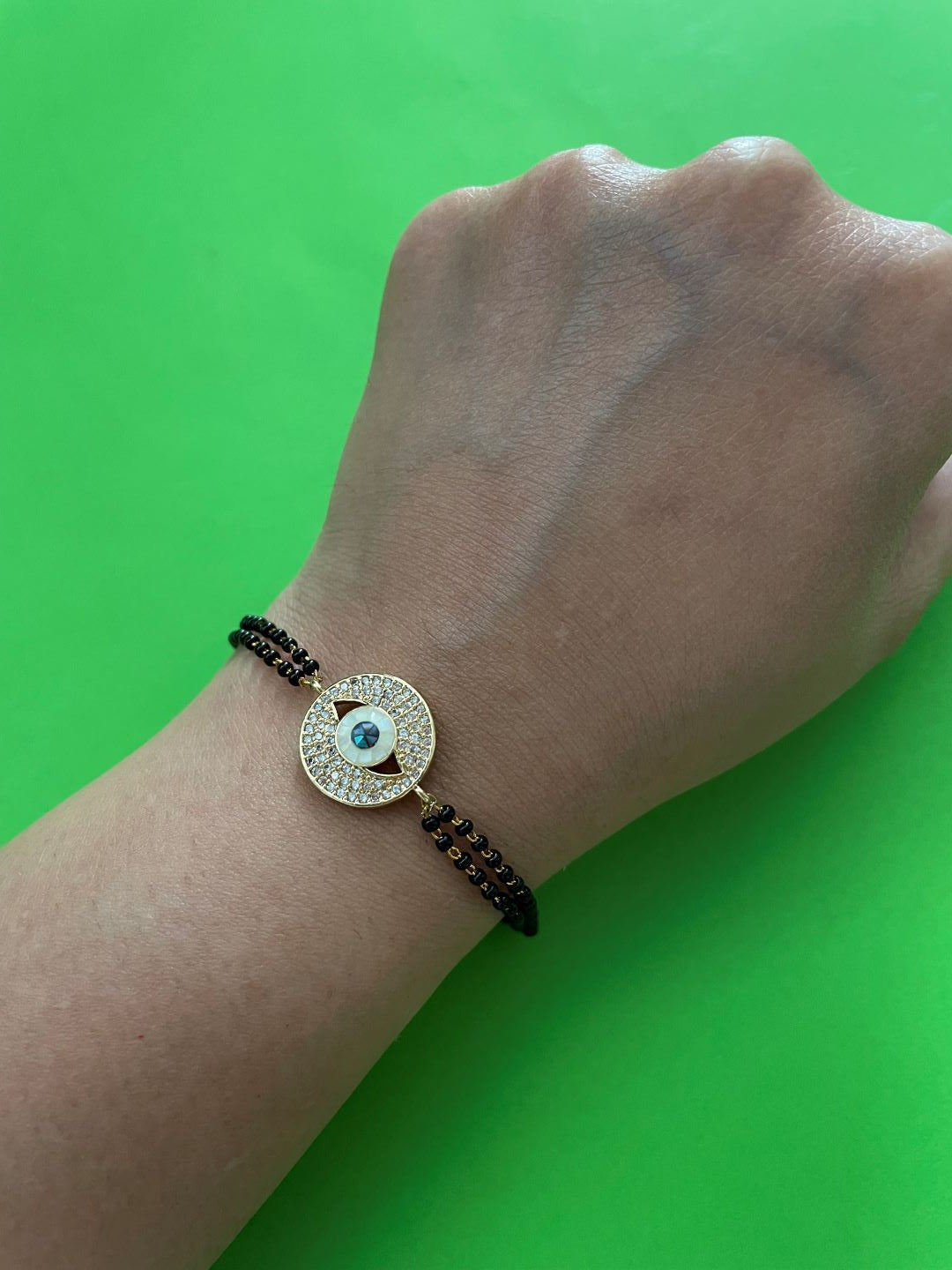 Gold Plated American Diamond Evil Eye Charm Adjustable Mangalsutra Bracelet