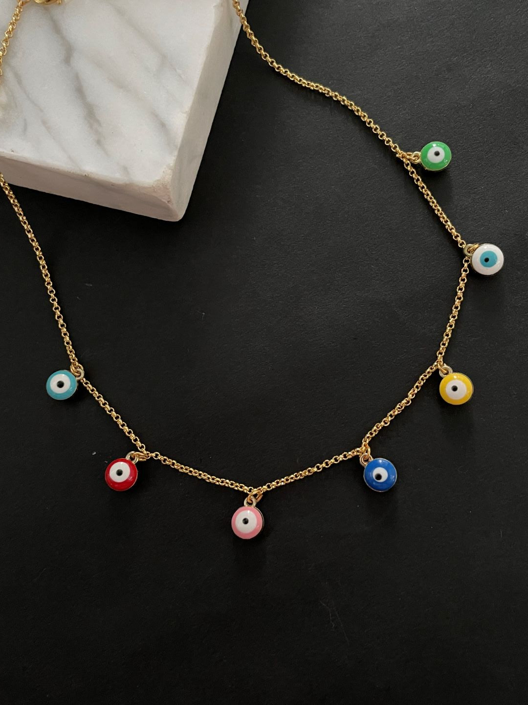 Gold Plated Necklace with Multi-color Evil Eye Charms