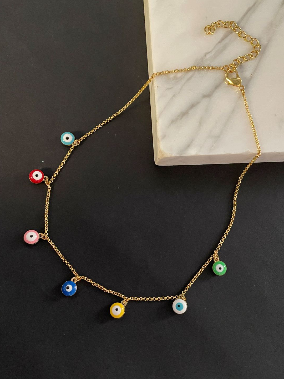 Gold Plated Necklace with Multi-color Evil Eye Charms