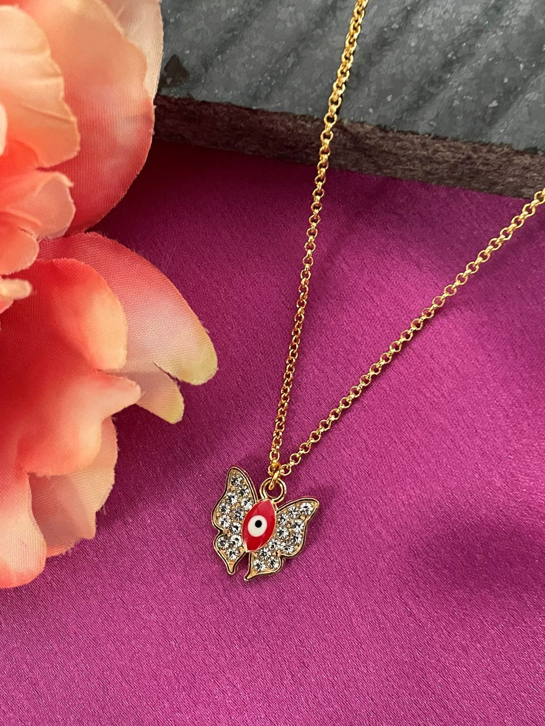 Red Evil Eye AD Butterfly Pendant in Gold Chain