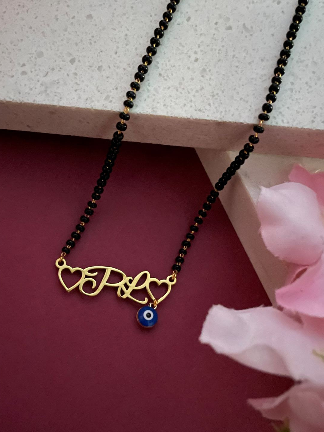 Custom Capital Letter Necklace/Short Mangalsutra With 2 Initials & Evil Eye