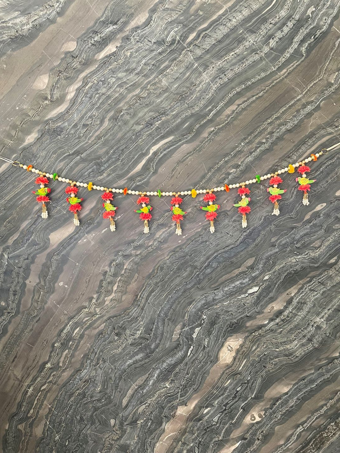 Gold & Pearl Beads With Orange flower & Parrots Toran For Door Hangings Diwali Decoration with Hanging Crystal Balls