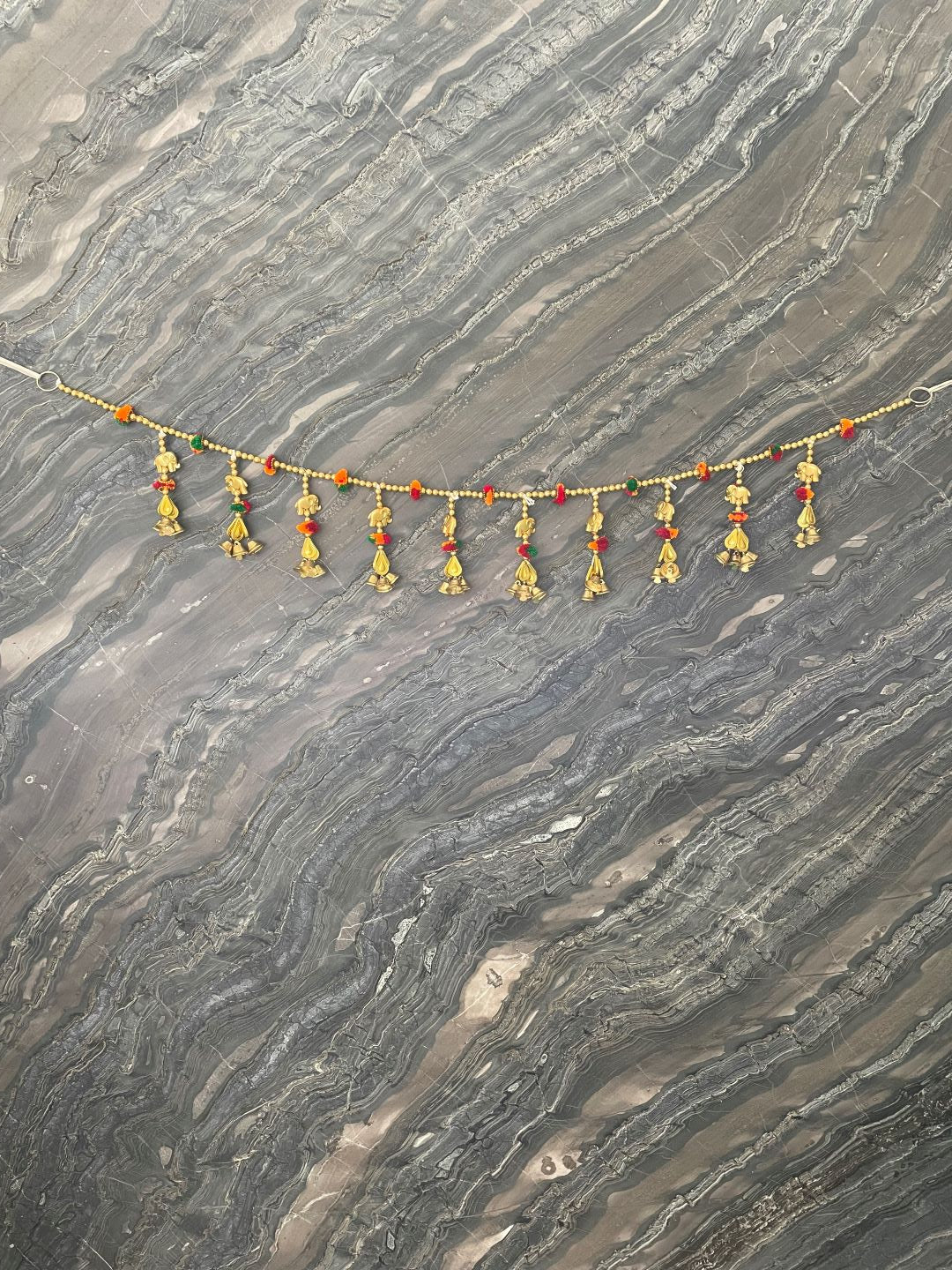 Gold Elephant & Bell Toran For Door Hangings Diwali Decoration With Colorful Pompom