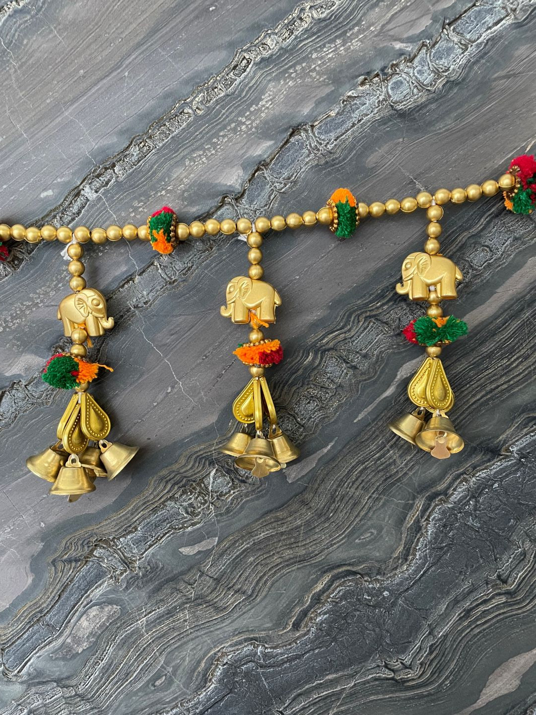 Gold Elephant & Bell Toran For Door Hangings Diwali Decoration With Colorful Pompom