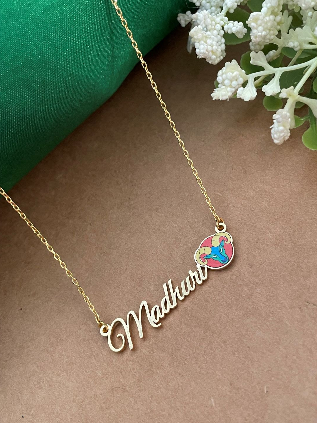 Zodiac Logo Pendant 24k Gold Plated Enamel Custom Name With Short Mangalsutra/Gold Chain